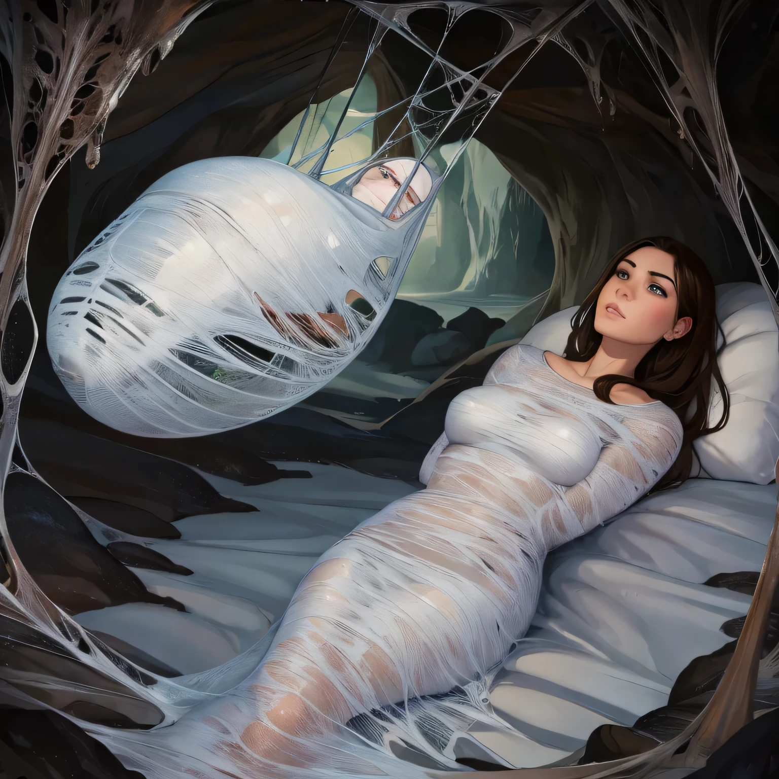 1girl,Spider weaves a net on a girl, very realistic, very detailed,bed,stretched, dark cave, struggle in the net,brown haired, very long sheer skirt,lying down,