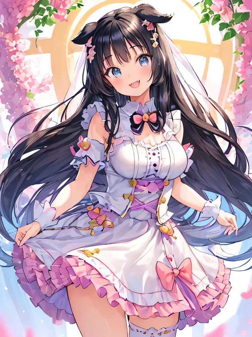 ((masterpiece)), ((best quality)), (ultra-detailed), ((kawaii)), cute, (lovely), illustration, anime style, dynamic angle, upper body, focus on upper body, a cute girl, 1girl, solo, (beautiful eyes), beautiful black hair, long hair, small breast, smiling, fang, endearing, blush, idol costume, elegant, youthful, graceful, (((The tips of her canine teeth are peeking out from her smiling mouth))), Double Tooth.