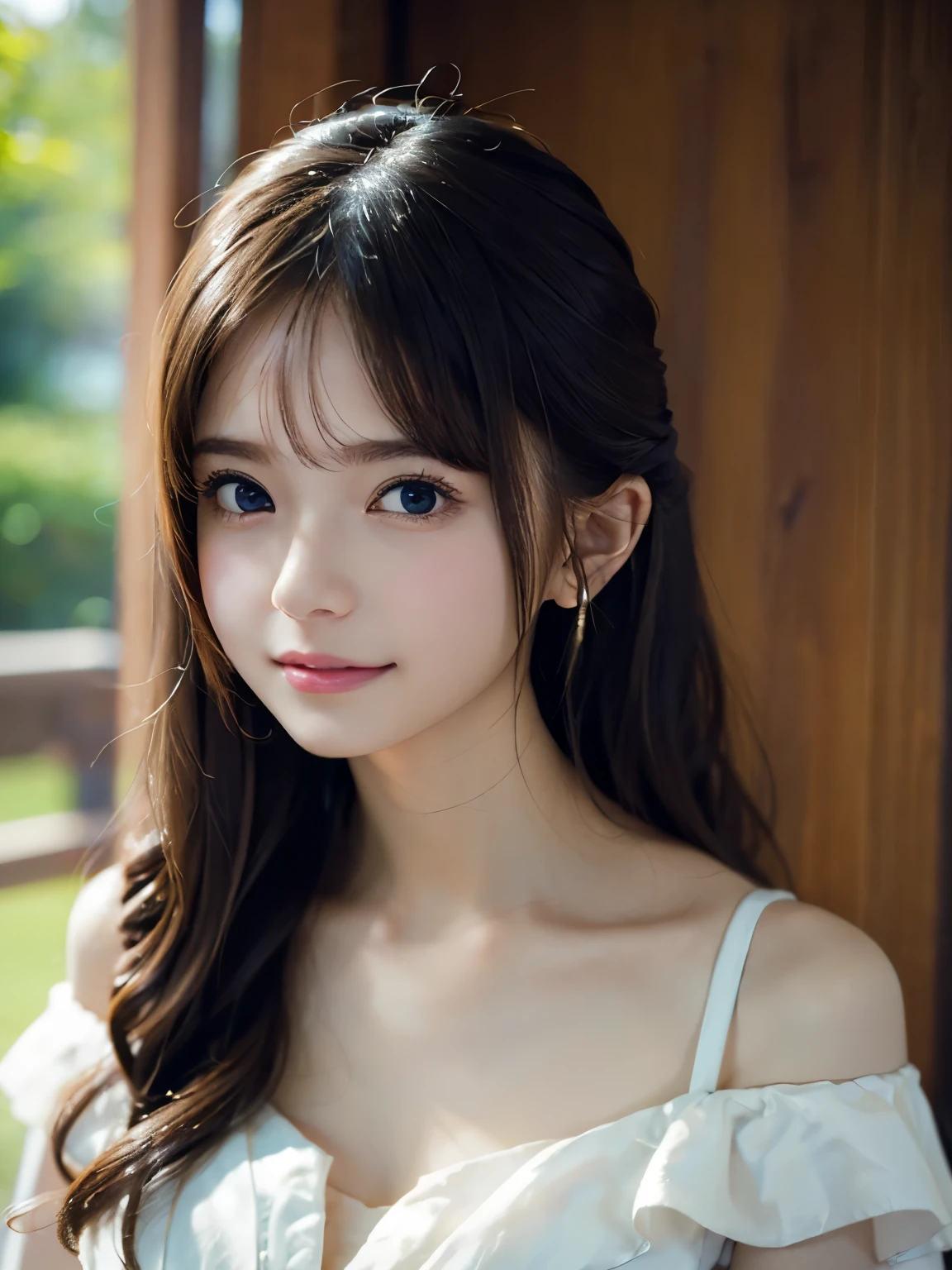 Image from the chest up:1.6)、laughter、Close-up portrait of a girl wearing only a white off-shoulder top dress and earrings, soft portrait shot 8k, nice delicate face, High quality 4K portraits, high quality portrait, soft and perfect pale skin, 8K highly detailed face, なbeautiful繊細な顔, beautiful光の大きな目, beautiful and realistic face, beautiful１８old girl, beautiful and realistic face, cute１８old girl