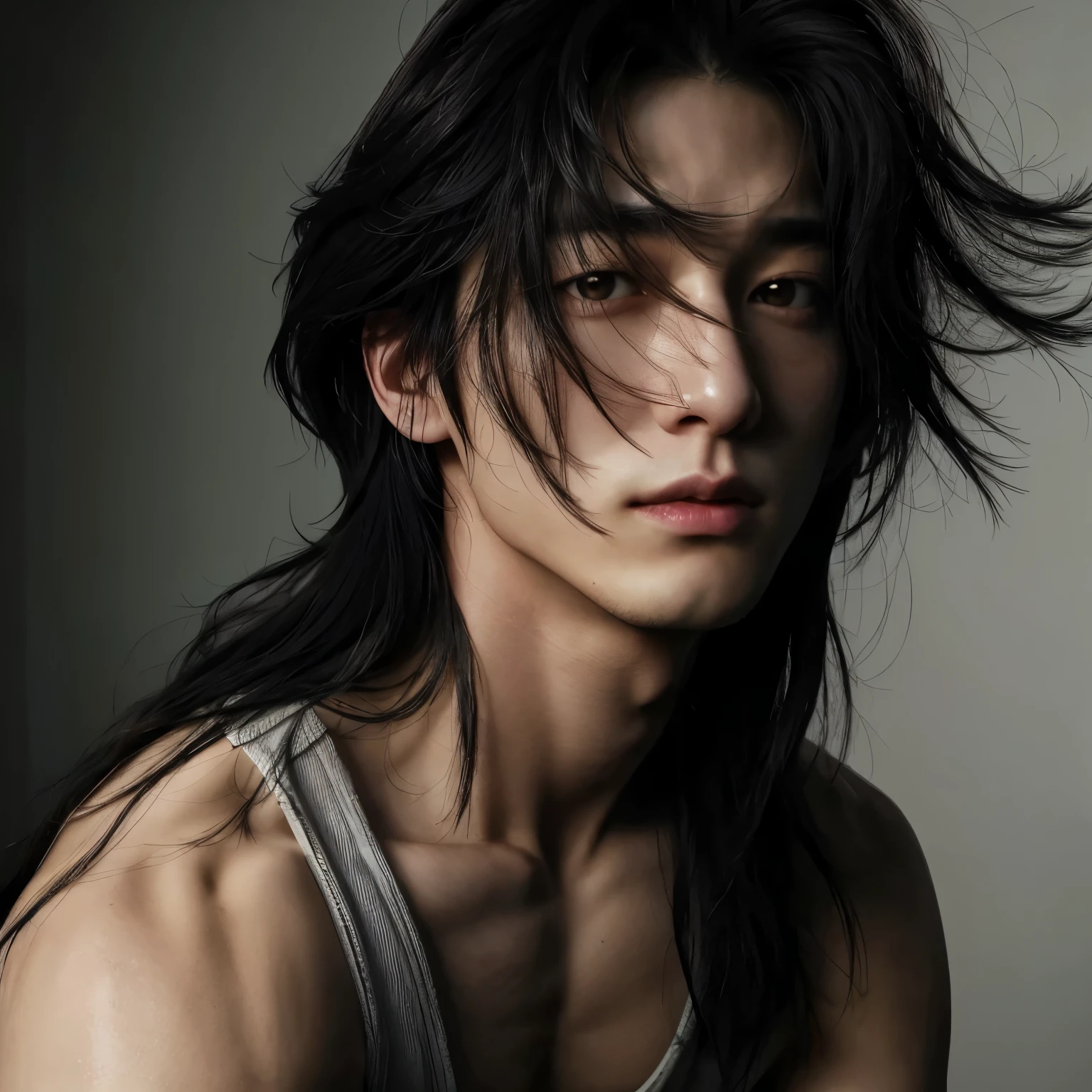 a close up of a person with long hair and a tank top, jungkook, jeon jungkook jungkook, south korean male, inspired by jungkook, inspired by jeon jungkook, jungkook, jungkook from bts, jeon jungkook, inspired by Jeon jungkook, jungkook, inspired by jeon jungkook