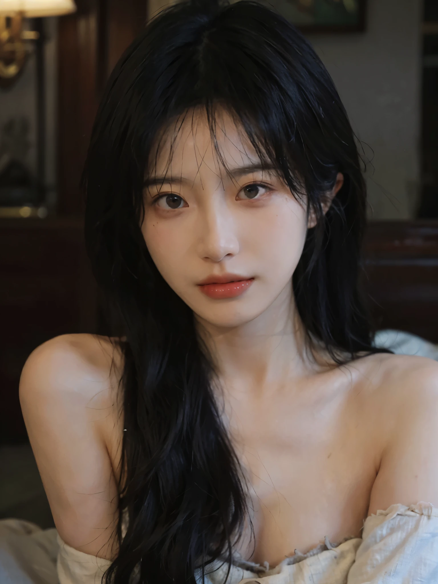 Film portrait photography, 1 girl, bare shoulders, wavy shoulder-length hair, serene, calm, (Realistic and detailed eyes, natural skin texture, Realistic facial details), Soft dramatic lighting, depth of field, Bokeh, Vibrant details, Detailed and detailed, surreal, 35mm film, hazy, ,