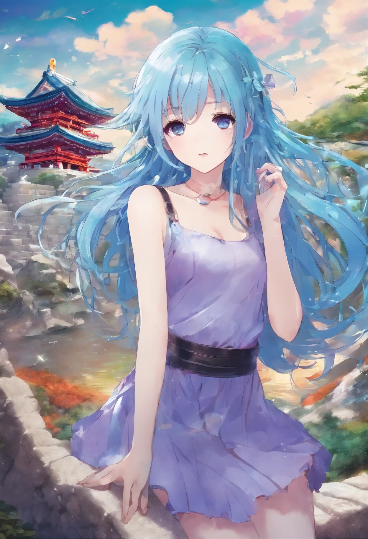 Masterpiece. High-resolution. (1girl) about 20 years old. Pretty beautiful girl. Standing pose. Imposing. Pretty big purple eyes. Delicate face. ((Long light blue hair)). Straight hair. Messy hair. Hair bangs. Hair blowing in the wind. ((Turquoise tunic)). ((Purple tide pants)). Leather boots. Greek ruins background with cosmic skies.