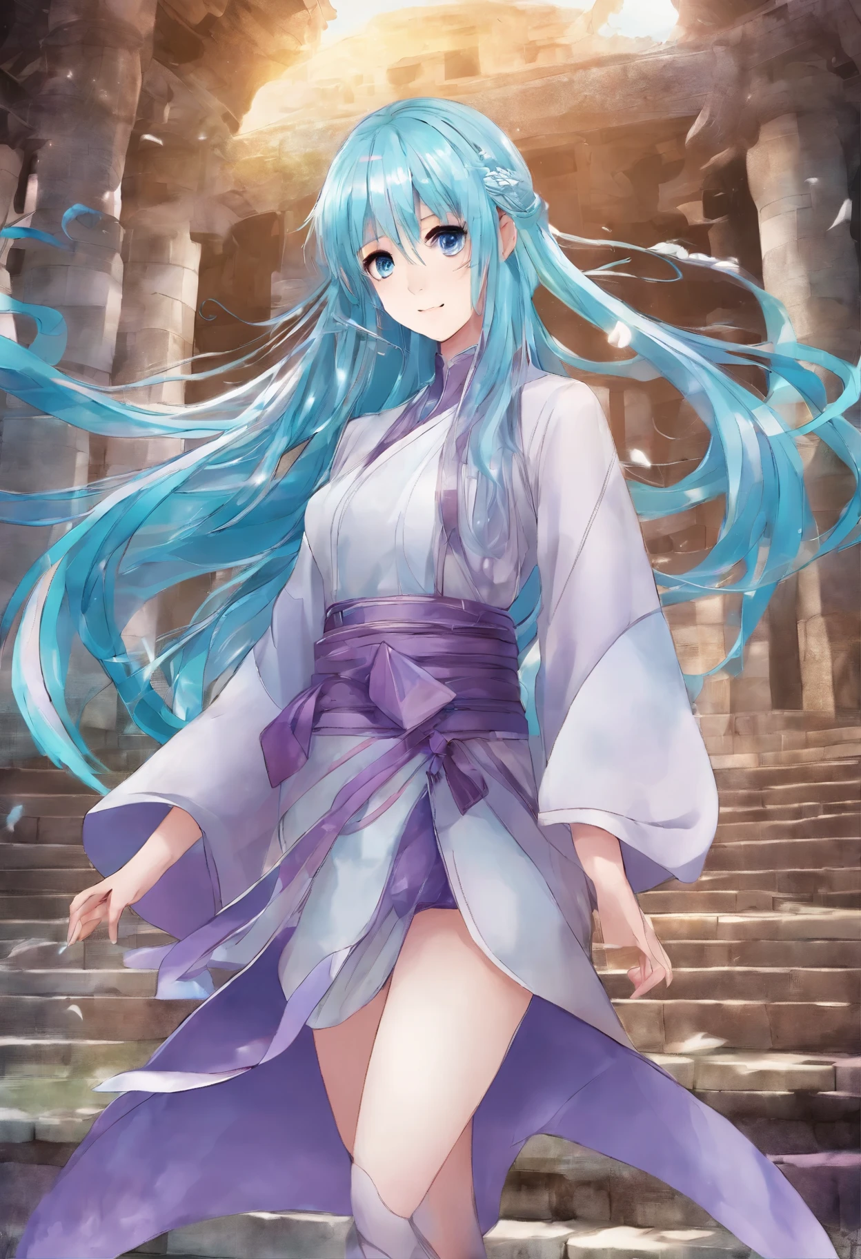 Masterpiece. High-resolution. (1girl) about 20 years old. Pretty beautiful girl. Standing pose. Imposing. Pretty big purple eyes. Delicate face. ((Long light blue hair)). Straight hair. Messy hair. Hair bangs. Hair blowing in the wind. ((Turquoise tunic)). ((Purple tide pants)). Leather boots. Greek ruins background with cosmic skies.