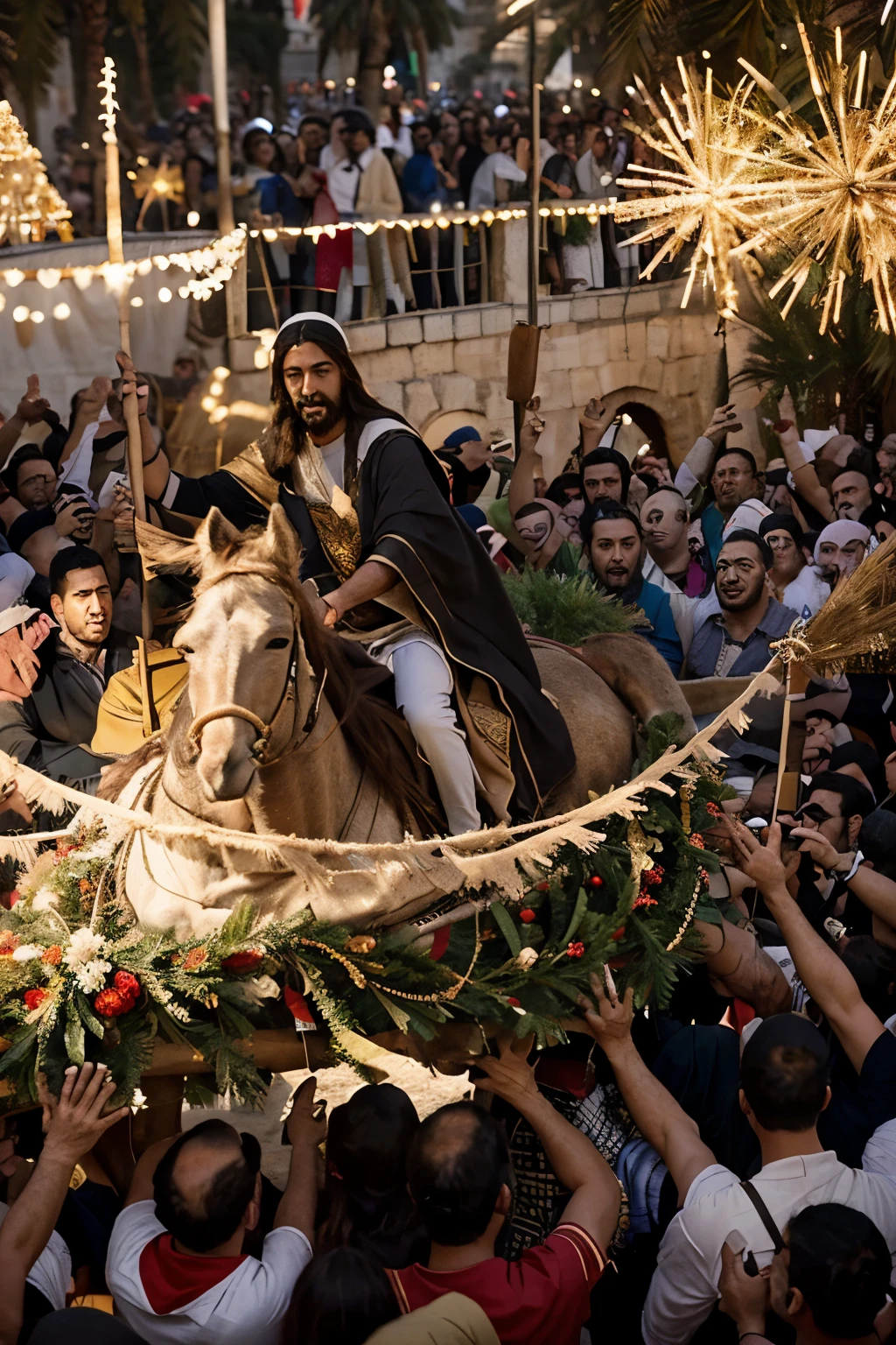 Describe a scene where Jesus is arriving in Jerusalem riding on a donkey, while the people await him with anticipation and joy. Do not show Jesus' face in the image, but highlight the crowd around him, depicting people waving palm branches, spreading clothes on the ground, and celebrating his arrival with fervor and devotion. Convey the festive and reverent atmosphere of this historic moment.