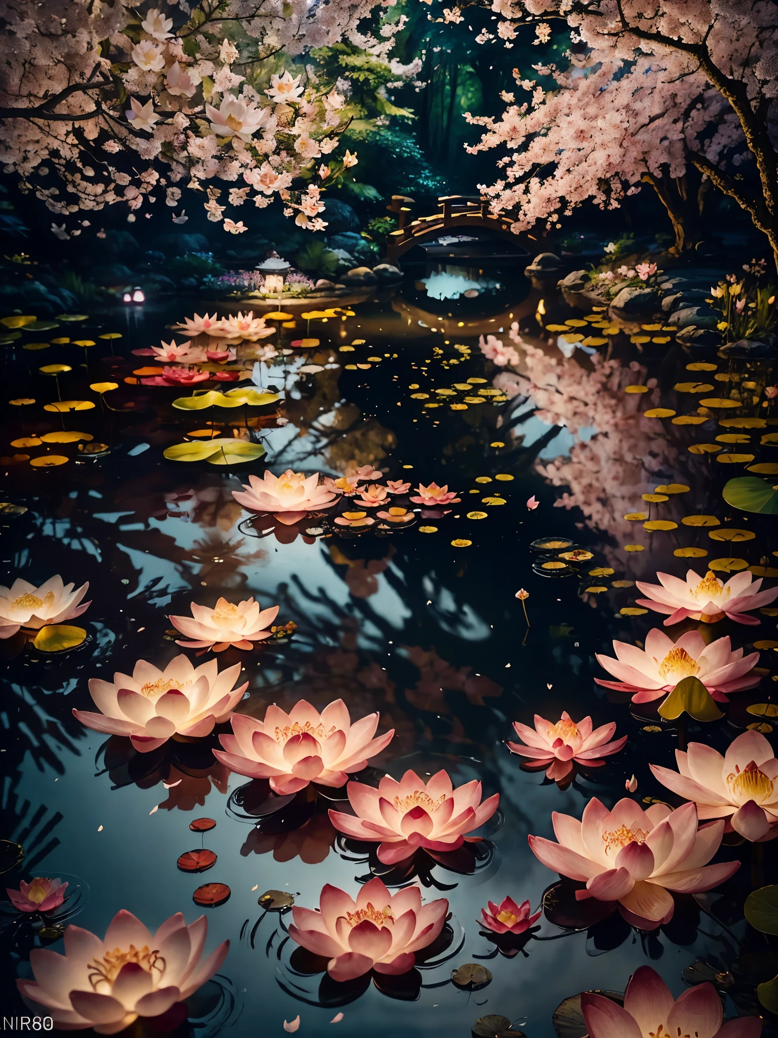 Masterpiece,highest quality,sharp focus,pond,shrine,clear water,flower bed with lanterns in background,dense forest,(lotus on the water),falling cherry blossom petals,glowing butterflies,fireflies,bioluminescent,photo,color grading,by lee jeffries,nikon d850,film stock photograph 4,kodak portra 400,f 1.6, rich colors,ultra-realistic,lifelike textures,dramatic lighting,unreal engine,cinestill 800