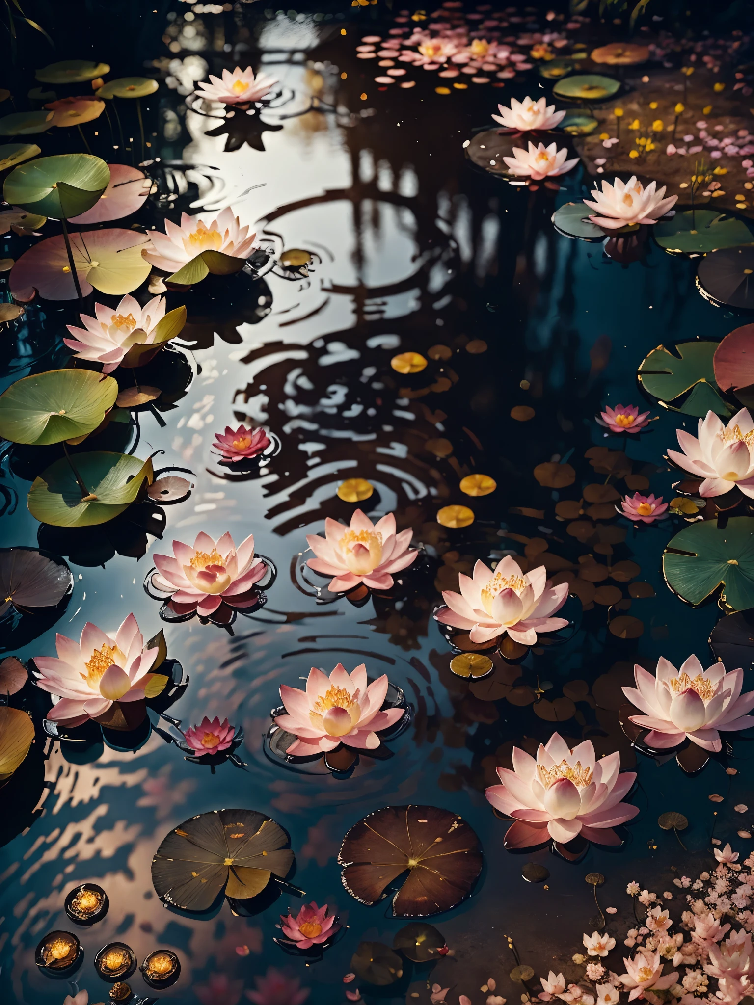 Masterpiece,highest quality,sharp focus,pond,shrine,clear water,flower bed with lanterns in background,dense forest,(lotus on the water),falling cherry blossom petals,glowing butterflies,fireflies,bioluminescent,photo,color grading,by lee jeffries,nikon d850,film stock photograph 4,kodak portra 400,f 1.6, rich colors,ultra-realistic,lifelike textures,dramatic lighting,unreal engine,cinestill 800