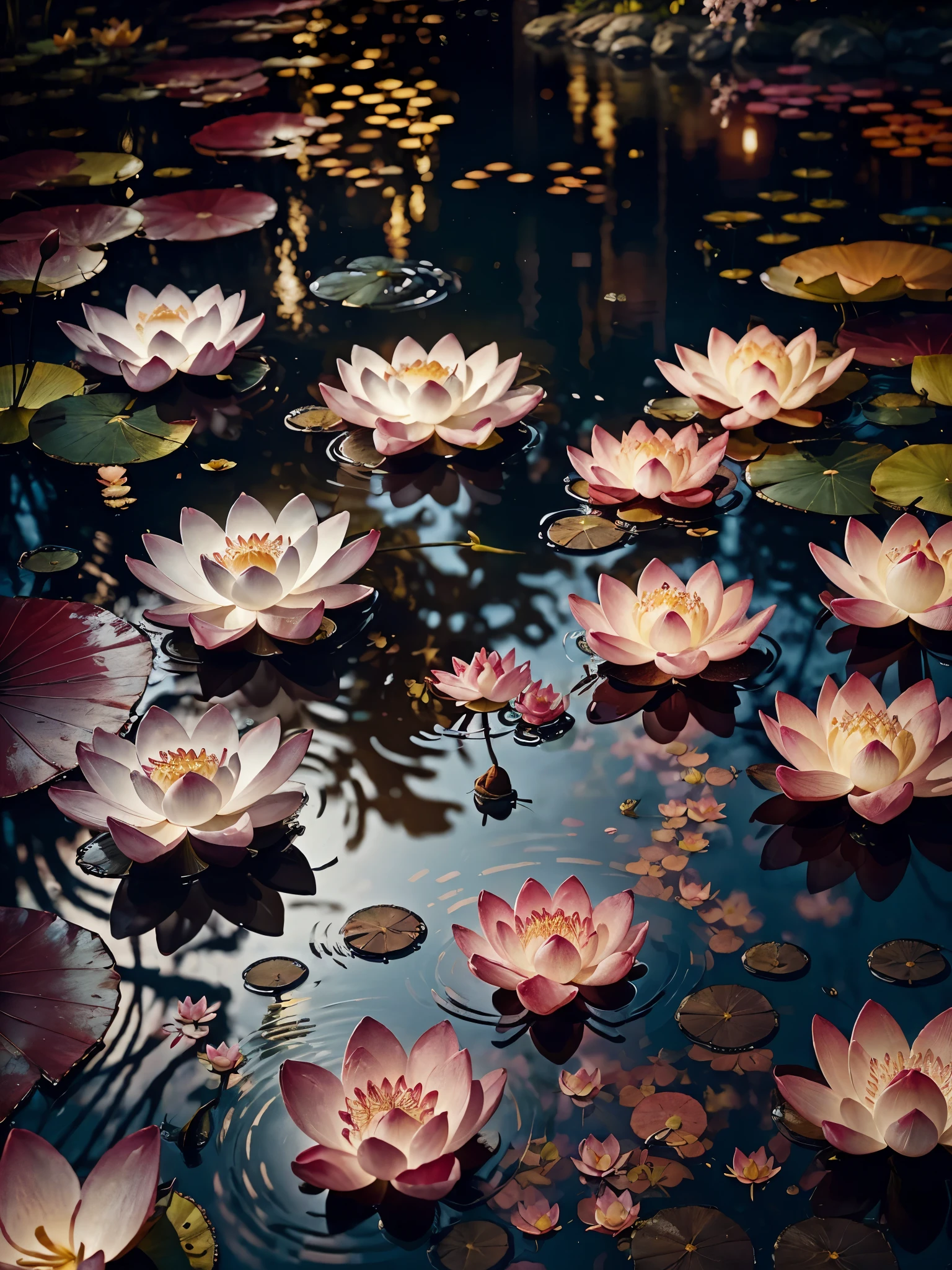 Masterpiece,highest quality,sharp focus,pond,shrine,clear water,flower bed with lanterns in background,dense forest,(lotus on the water),falling cherry blossom petals,glowing butterflies,fireflies,bioluminescent,photo,color grading,by lee jeffries,nikon d850,film stock photograph 4,kodak portra 400,f 1.6, rich colors,ultra-realistic,lifelike textures,dramatic lighting,unreal engine,cinestill 800