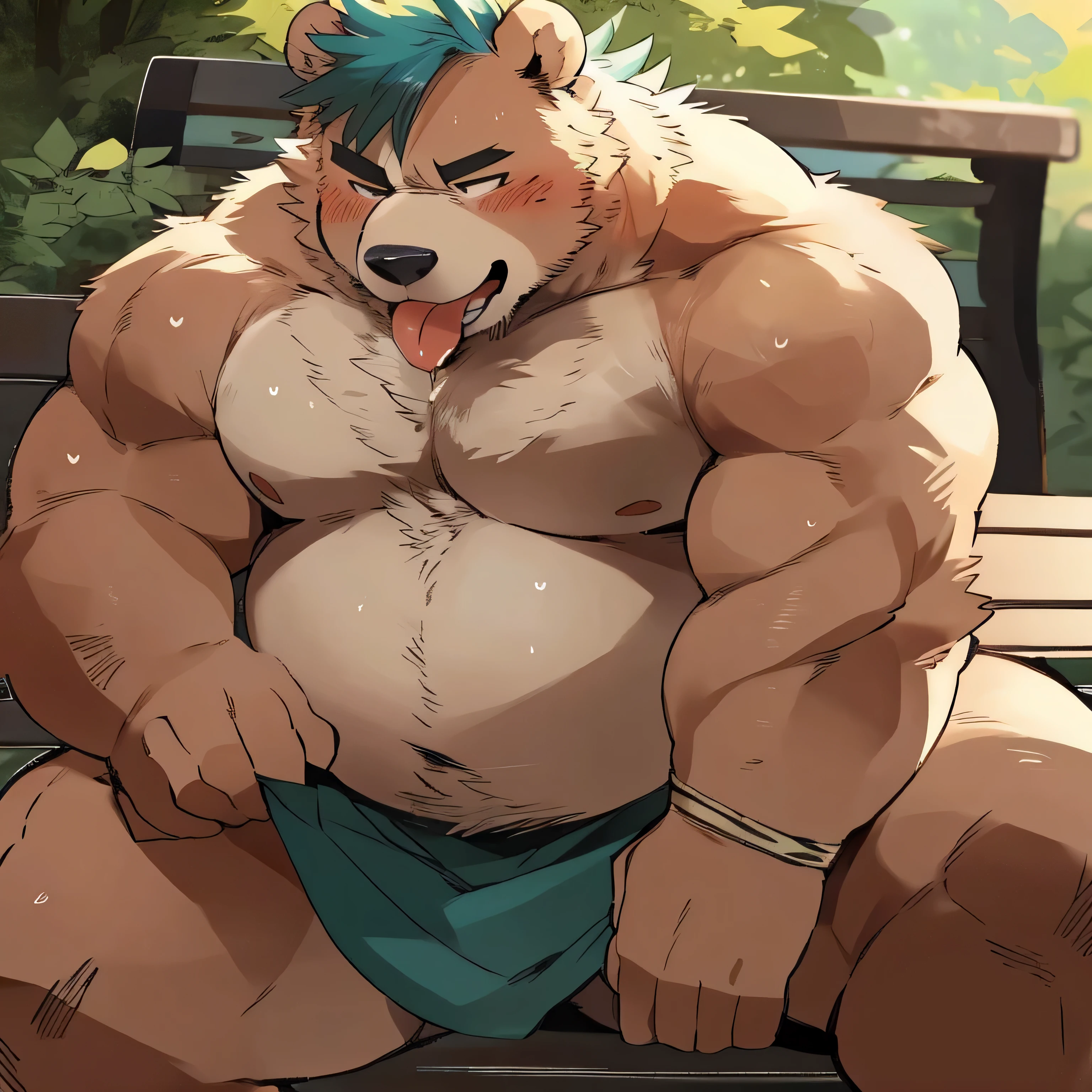 Musclegut, big chest, big Belly, anthro bear, blush, bare chest, opened cloth , opened legs , thick tight , sit at Park bench , (Tongue out with mouth closed, salivating, closed eyes), very Tired , sweaty , hot , by hyaku, by darkgem, by zixiong