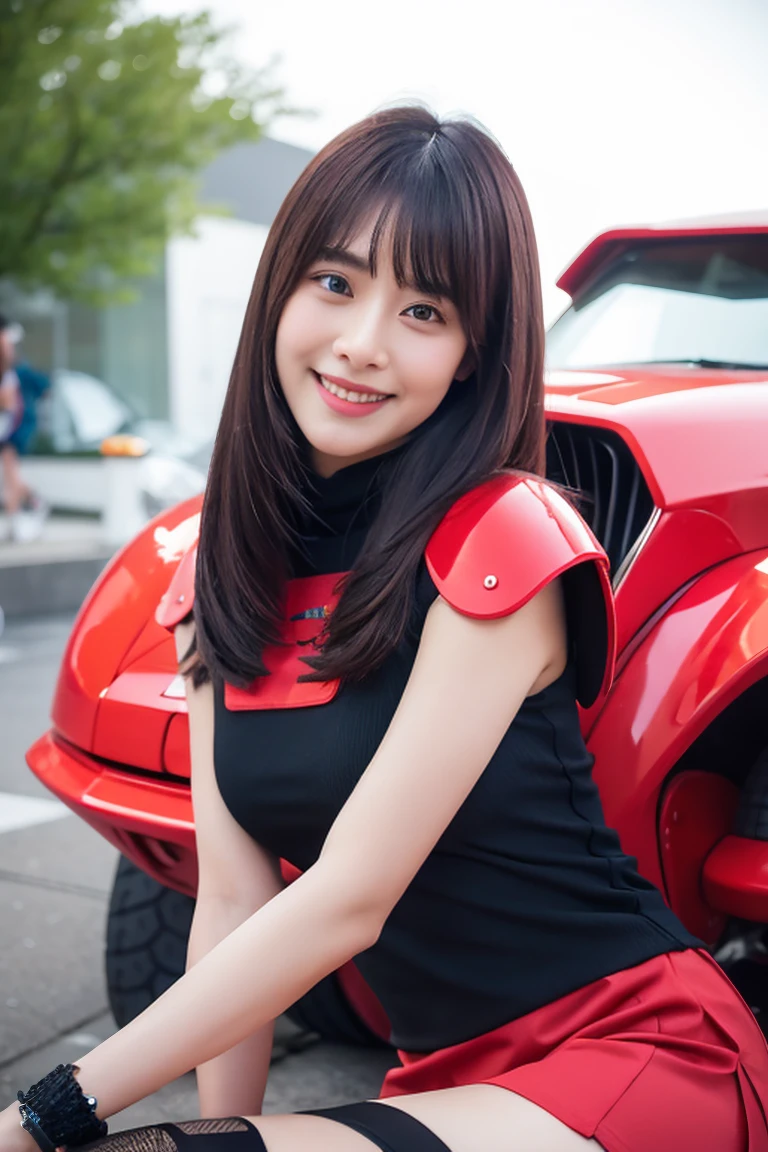 Masterpiece, 1 Beautiful Girl, Detailed, Swollen Eyes, Top Quality, Ultra High Resolution, (Reality: 1.4), Original Photo, 1Girl, Cinematic Lighting, Smiling, Japanese, Asian Beauty, Korean, Clean, Super Beautiful, Little Young Face, Beautiful Skin, Slender, Cyberpunk Background, (ultra realistic), (high resolution), (8K), (very detailed), (best illustration), (beautifully detailed eyes), (super detailed), (wallpaper), (detailed face), viewer looking, fine detail, detailed face, pureerosfaceace_v1, smiling, 46 point slanted bangs, looking straight ahead, neat clean clothes, black colored eyes, red armor, traditional Japanese red armor, short skirt, hair color vivid red, body facing front, nice thighs,