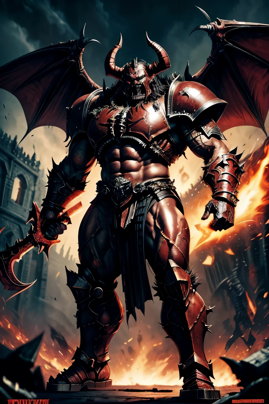 a close up of a demonic looking demon, red demon armor, full body, wings, muscled humanoid balrog demon, khorne, demon berserker, demon lord, fat ripped satanic creature, doom demon, demon armor, anger. hyper detailed, fat ripped satan, demon knight of death, balrog, ruler of inferno, with hellish devil wings, chaos marine
