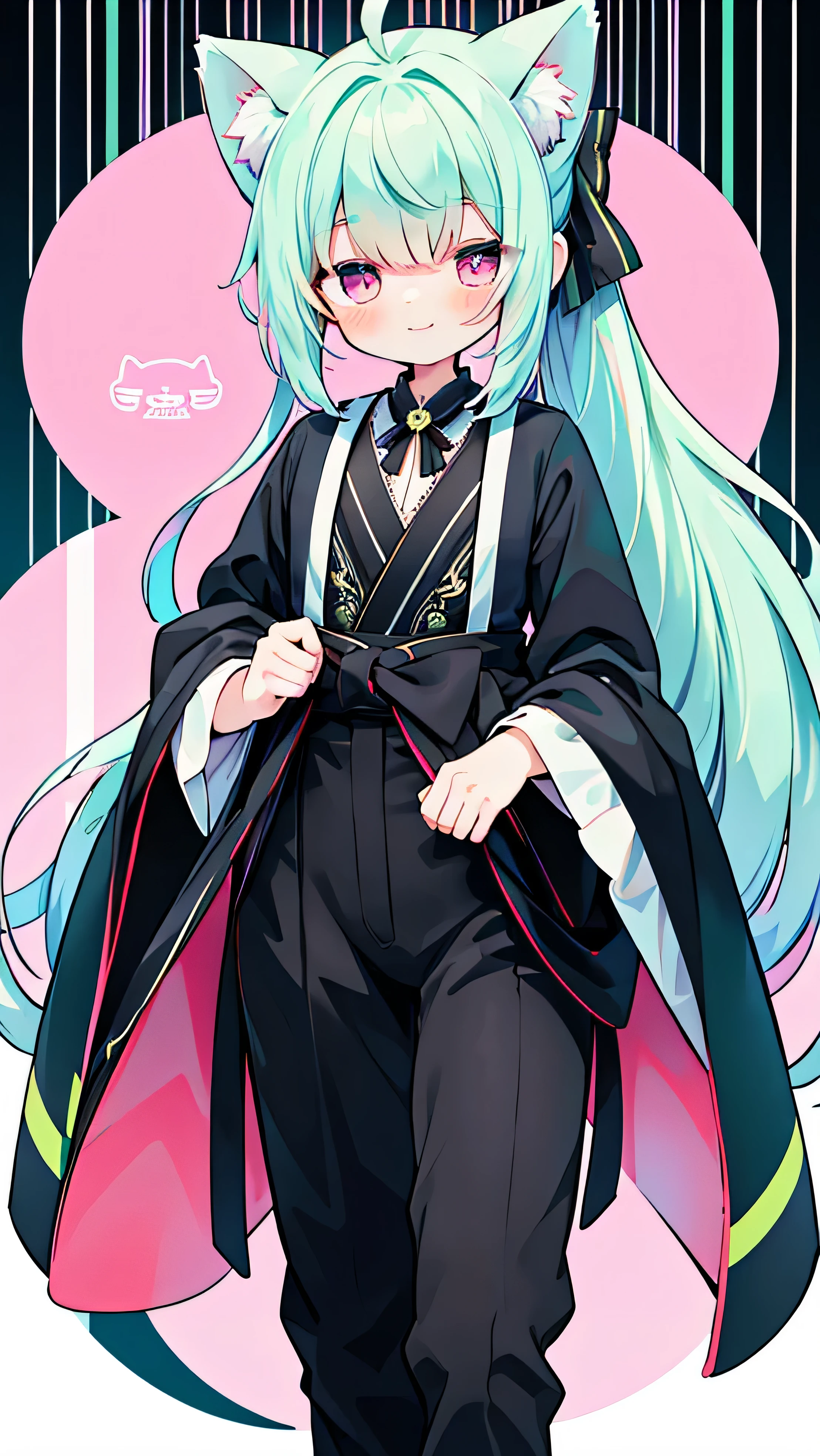 alone、beautiful young man、Cat ear、hair color with mesh on green hair、high ponytail、ribbon、boyish、smile、pink eyes、long hair、nice、Ahoge、Black Lolita Clothes、pants style、manly、expensive