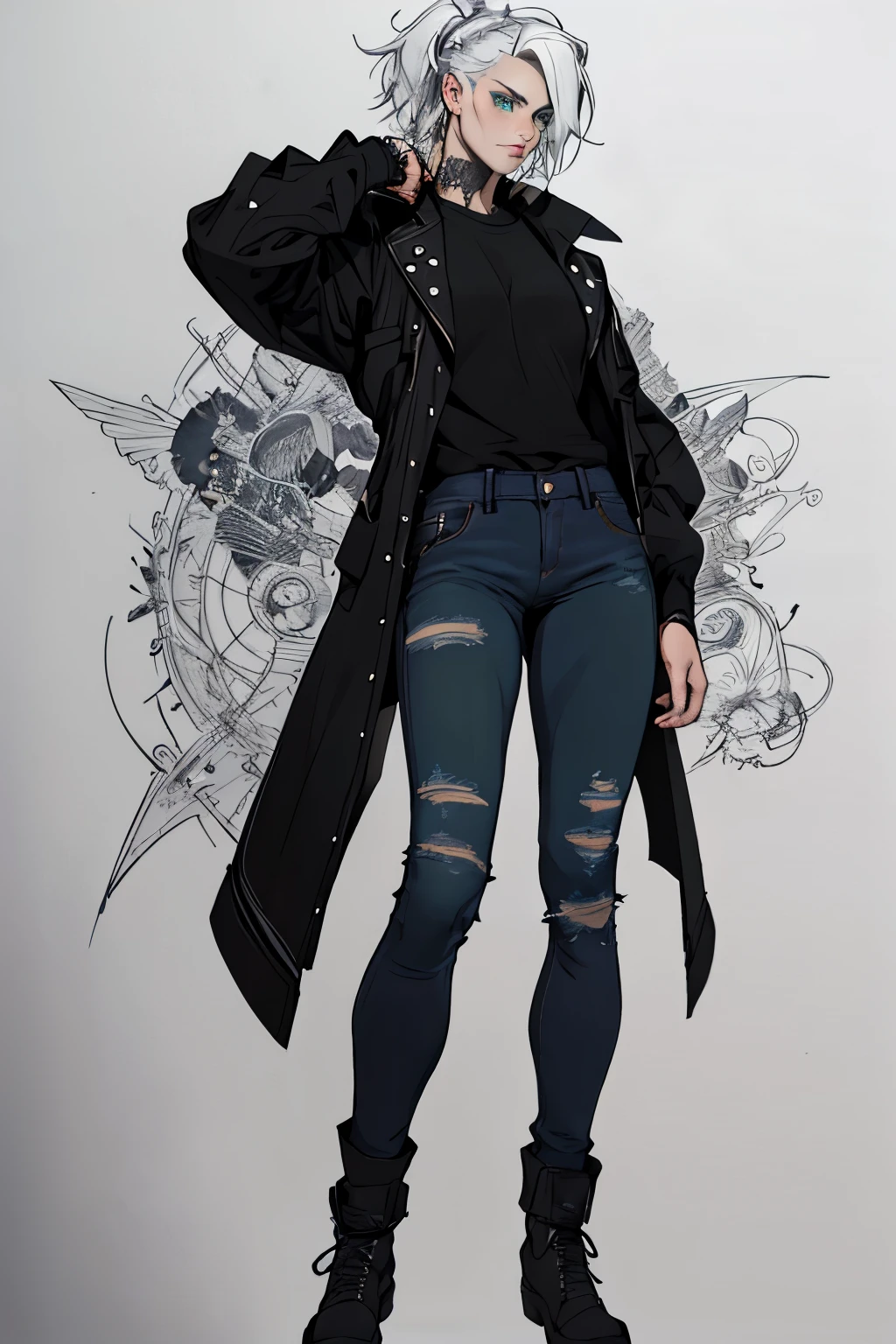 1 girl, Sidecut hair, vi arcane hair, Sidecut hair, teenager, hyper realistic hands, detailed hyper realistic eyes, rock jacket, jeans, black clothing, white hair, light background, full body, long hair, teenager, tribal tattoo, colorful parts, sketchbook, hand drawn hand, symbols, dark , bold, realistic sketch, sketch, mixing dark lines and loose lines, bold lines, on paper, turn on character sheet, human woman, green eyes, full body, imposing pose, lots of details, stylish outfit, symbols, runes , dark theme , black shirt, beautiful, pretty, modest