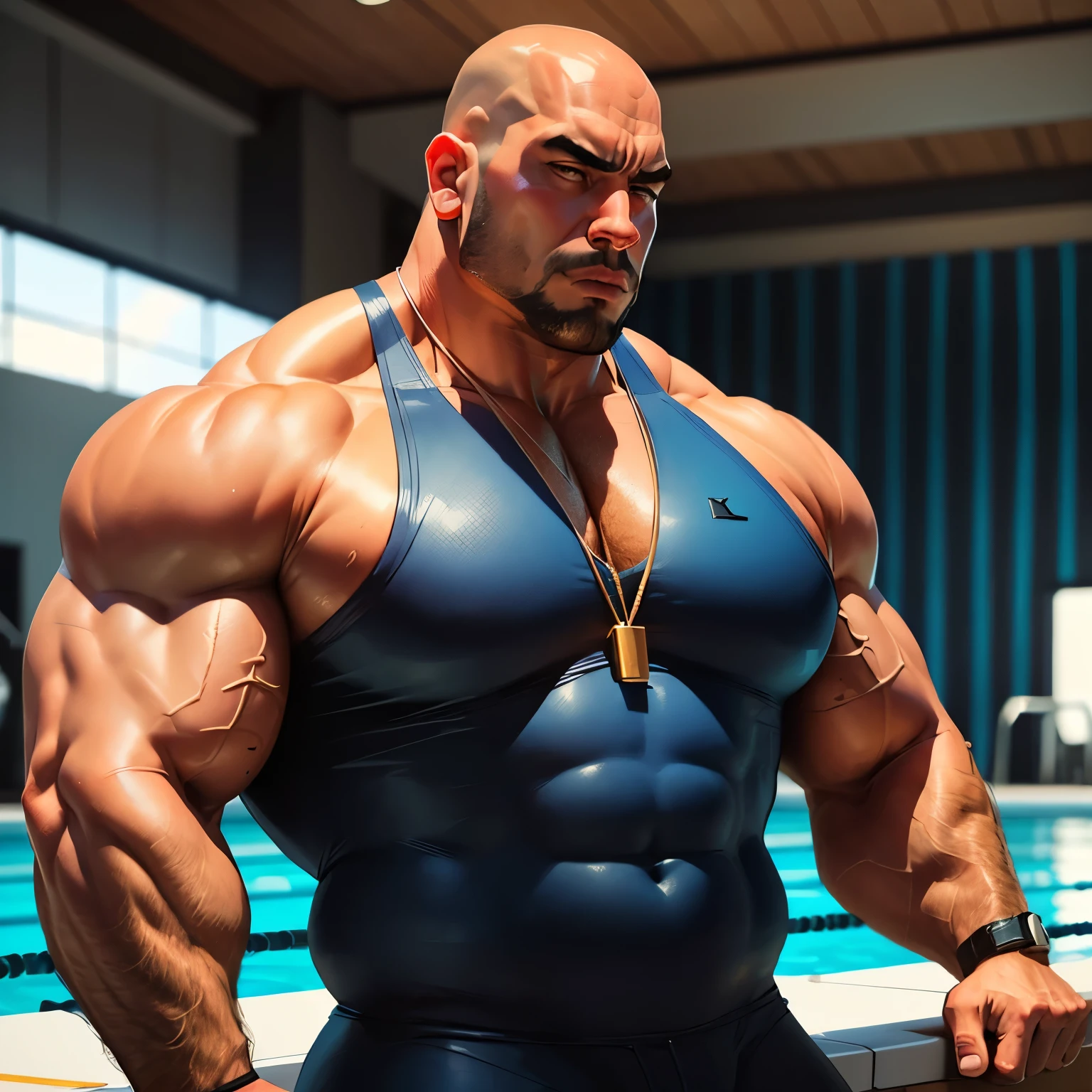 an exaggeratedly muscular and large bald bodyguard, beefy build, mixed race, (wearing blue swimsuit: 1.2), whistle necklace, (bara pecs: 1.3), (arm and chest hair: 1.1), close-up portrait HD, indoor pool background