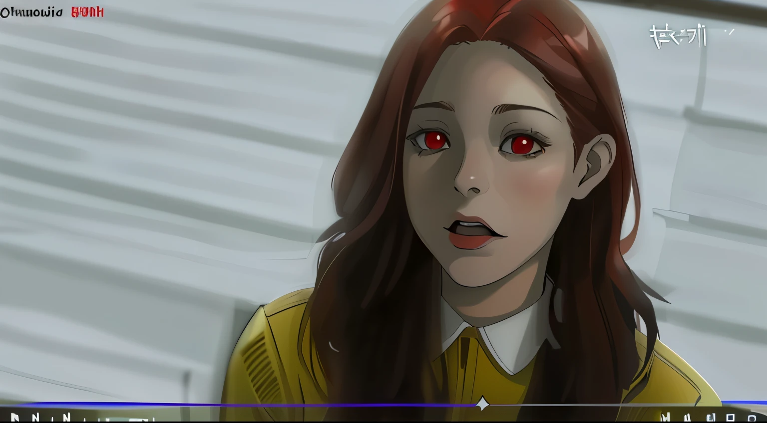 16 year old girl red hair red eyes she is listening to someone she has an evil face she is bad