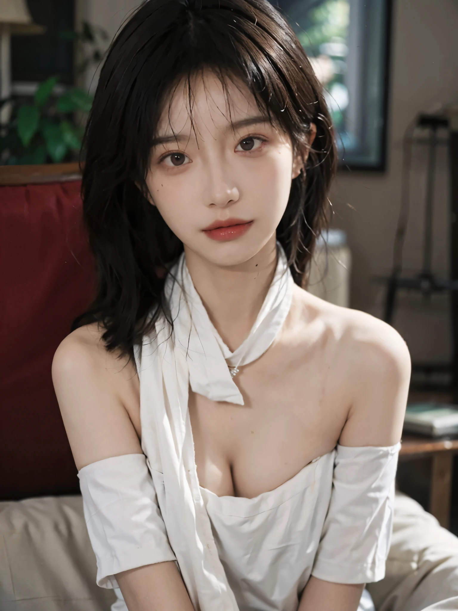 Film portrait photography, 1 girl, bare shoulders,lipstick,(flat chest:1.4), Shoulder length wavy hair, wear necklace,scarf,earrings,short sleeves,serene, calm, (Realistic and detailed eyes, natural skin texture, Realistic facial details), Soft dramatic lighting, depth of field, Bokeh, big breasts,split,cleavage,Vibrant details, Detailed and detailed, surreal, 35mm film, hazy, ,