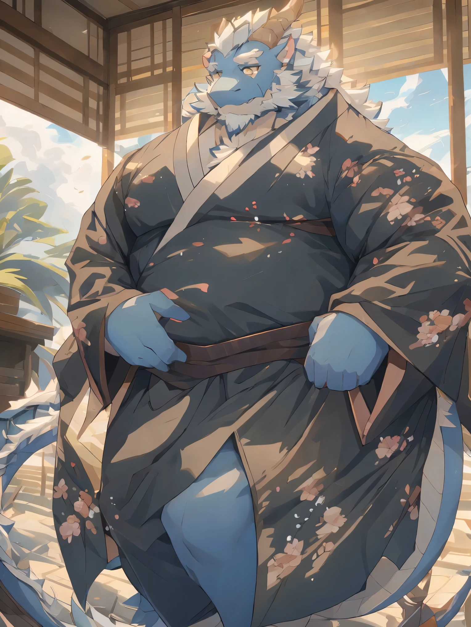 (masterpiece),(Very detailed),(best quality),hairy,,white hair,golden pupil muscle,(((black dragon))),((Wearing a kimono)),((convex)),(Jump to camera 1.4),8K,((high quality)),fat body,(White hair on chest and abdomen),body with black stripes,There is a bulge under the crotch,wearing kimono,There are white hairs and black stripes all over the body