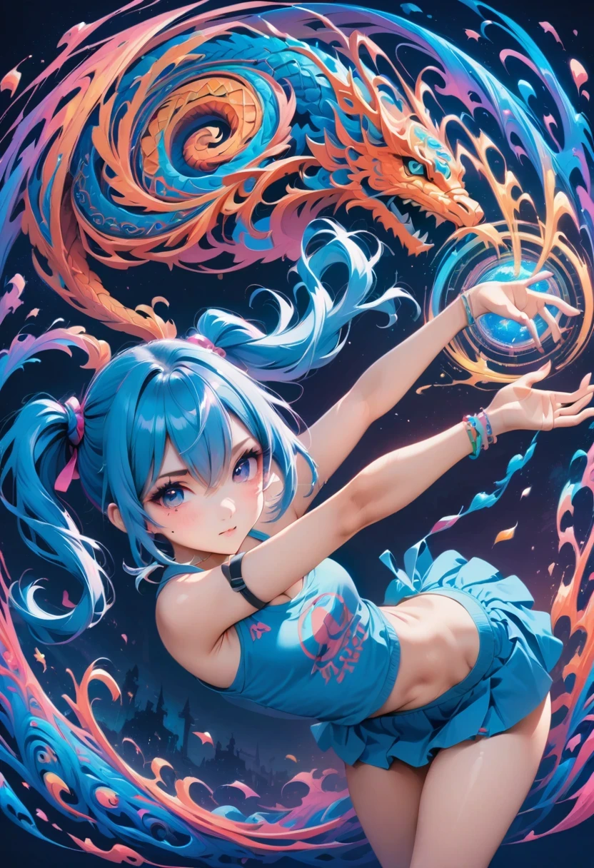 (best quality,4k,8k,highres,masterpiece:1.2),ultra-detailed,(anime style),aisha hanabi,blue hair,side pigtails,mole under eye,flat chested,mystical background,cute chinese dragon,neon lights art,zentangle and origami style background,colorful,tank top,mini skirt, vibrant colors, dark tones, power in hands, action, 