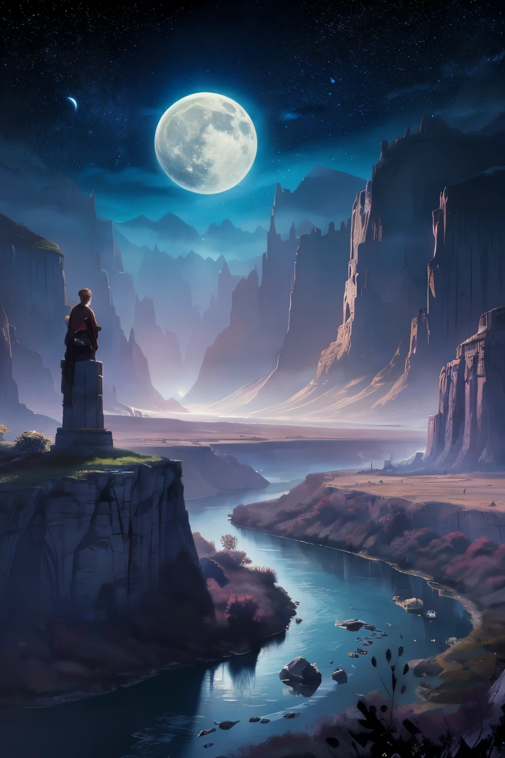 Painting of a river with stars and moon in the sky, Concept art inspired by Mitsuoki Tosa, Pixiv contest winners, highest quality, fantasy art, beautiful anime scene, bright moon, moonlit starry sky environment, dream picture, anime background Art, fantasy landscape painting, fantasy night, anime background, background artwork, great art, Atmospheric anime, starry sky, Enhanced detail.