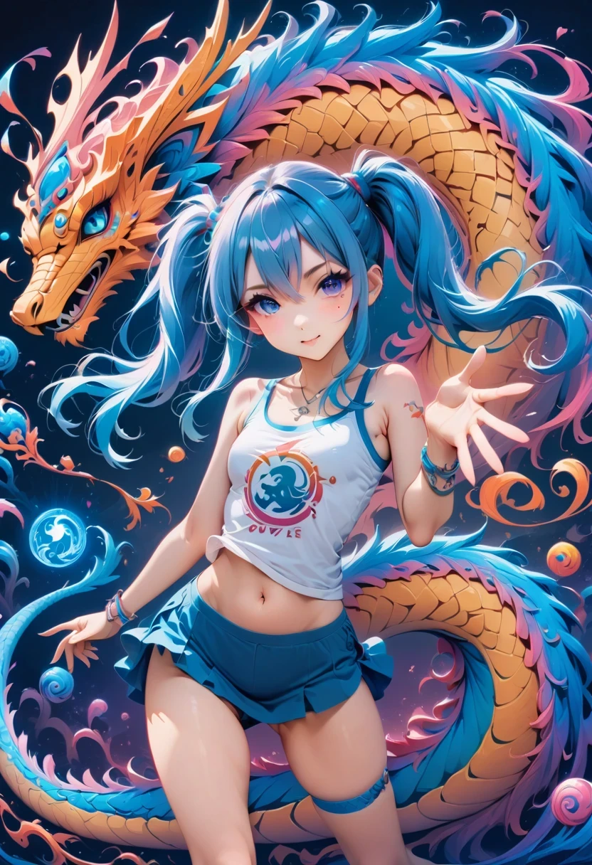 (best quality,4k,8k,highres,masterpiece:1.2),ultra-detailed,(anime style),aisha hanabi,blue hair,side pigtails,mole under eye,flat chested,mystical background,cute chinese dragon,neon lights art,zentangle and origami style background,colorful,tank top,mini skirt, vibrant colors, dark tones, power in hands, action, 