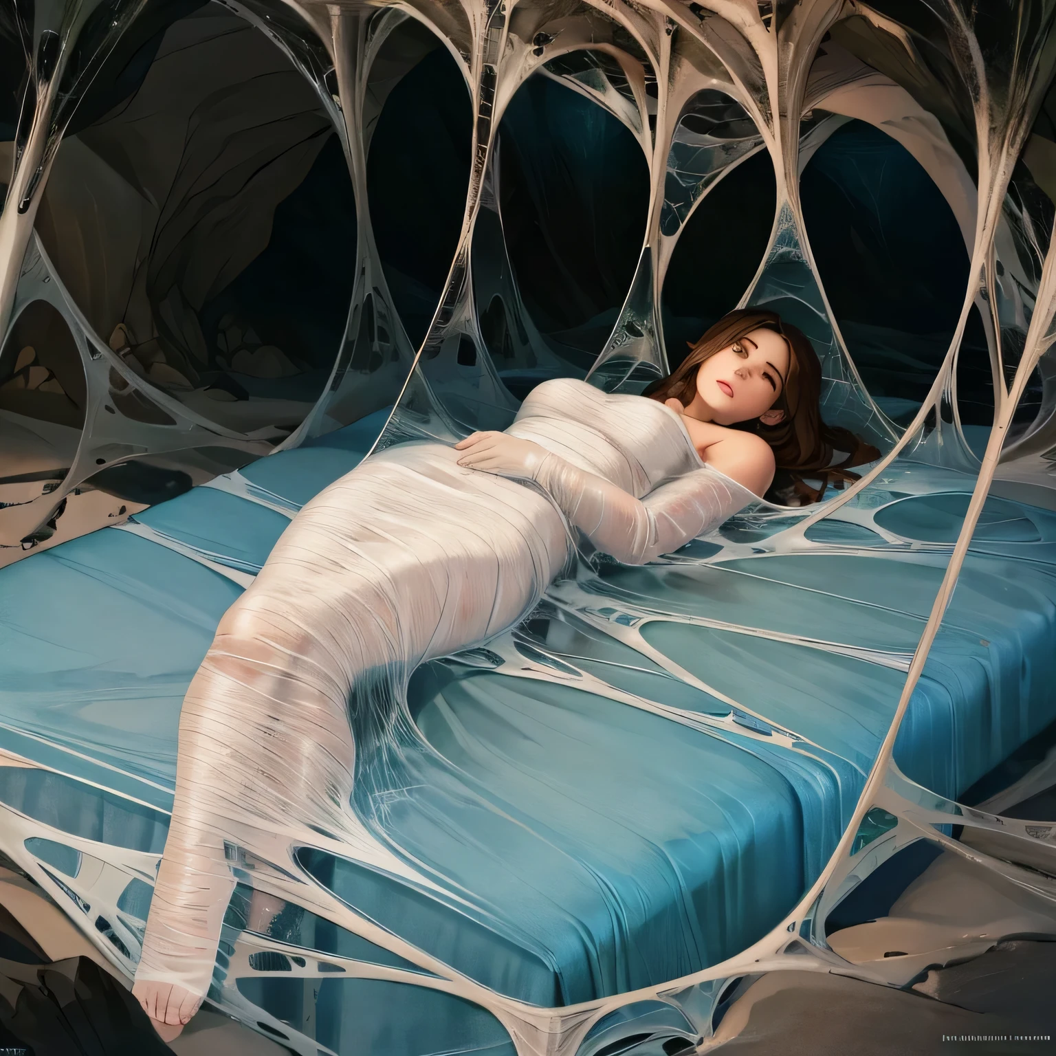 1girl,Spider weaves a net on a girl, very realistic, very detailed,bed,stretched, dark cave, struggle in the net,brown haired, very long sheer skirt,lying down,