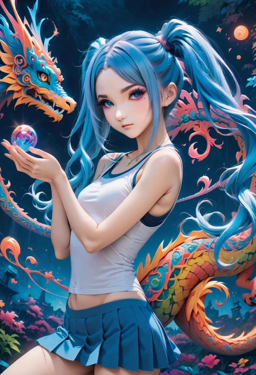 (best quality,4k,8k,highres,masterpiece:1.2),ultra-detailed,(anime style),aisha hanabi,blue hair,side pigtails,mole under eye,flat chested,mystical background,cute chinese dragon,neon lights art,zentangle and origami style background,colorful,tank top,mini skirt, vibrant colors, dark tones, power in hands, action, 