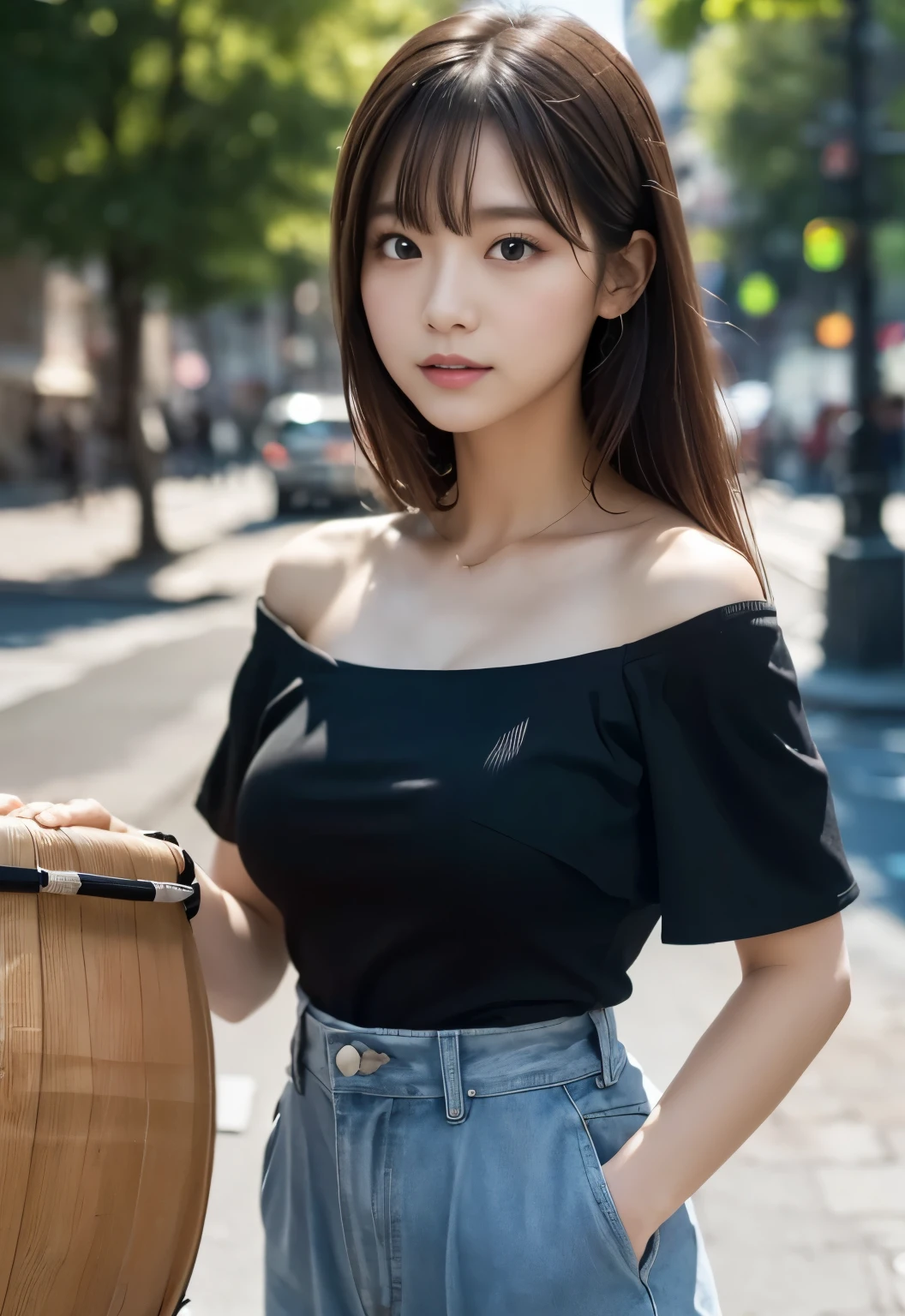 One Girl, (beautiful girl, Delicate girl:1.3), (14 years old:1.3), break, Exceptional clarity, (Symmetrical eyes:1.3), break, (Street Snap:1.3), perfectly trimmed fingers, break, Large Breasts, Brown eyes, Parted bangs, Brown Hair, break, (Eye and facial details:1.0), break, (masterpiece, Highest quality, Very detailed, Detailed face, 8k)、Highest quality、Beautiful woman、She is wearing a sleeveless black top and a drawstring skirt.、A shy smile、Solar Illumination、Long Hair、Browsing Caution、ponytail、Adult、Black hair tie、Angle at which the hair tie can be seen、Long Hair