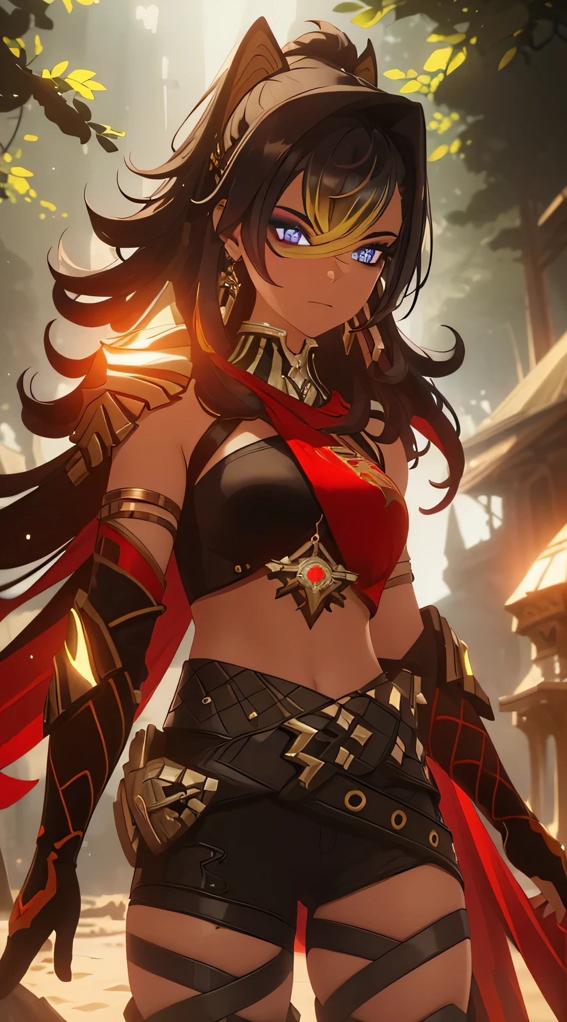 (Masterpiece:1.2), best quality, (illustration:1.2), beautiful scenery, scared,(Masterfully crafted Glow, lens flare), (ultra-detailed), hyper details, (delicate detailed), (intricate details), (cinematic light, best quality Backlights), clear line, new world, viewer, solo female, solo female, perfect body, (1girl), (Bright bioluminescent hair hair, bright glowing eyes), (Dynamic:1.3), ((makeup)), high contrast, (best illumination, an extremely delicate and beautiful), colourful, ((Photoshop Pastel Painting:1.1)), ethereal, (Cinematic masterpiece),suspense, splashes of colour, absolutely eye-catching, ((caustic)), dynamic angle ,beautiful (detailed glow), (eerie),(Intricate Detailed Cinematic Scenery Behind:1.2),ambient occlusion, (ambient moonlight), ray-traced reflections, intricately detailed visible background , (glowing spacesuit), Terrifying, (bioluminescent vegetation:1.2), long brown hair, black and red top, black shorts, long black gloves, lots of belts on her leg, red stripes cape on her back, desert in background, pyramids, sand storm, dynamic pose