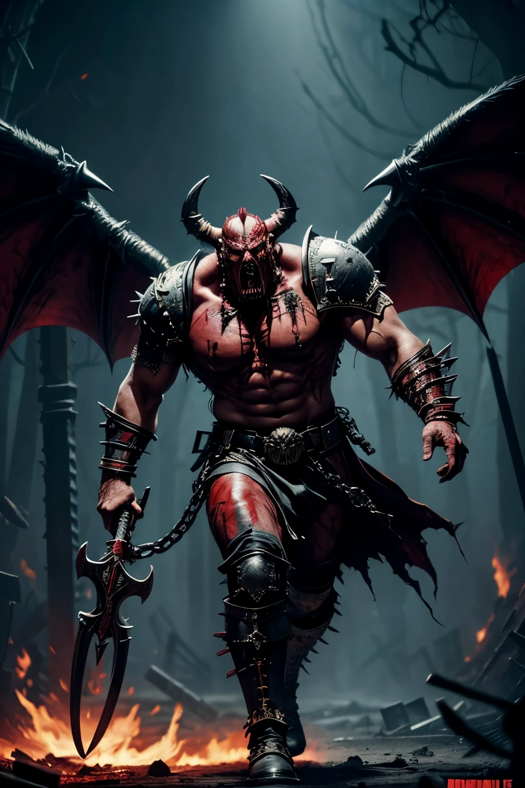 1 male, khorne, Khorne_World, berzerker, red skin, blood on clothes, blood on face, fangs, drool, stout limbs, demon wings, flying, devil, skulls, chains, spikes, skull pauldron, torn clothes, brass armor, chaos, warhammer fantasy art