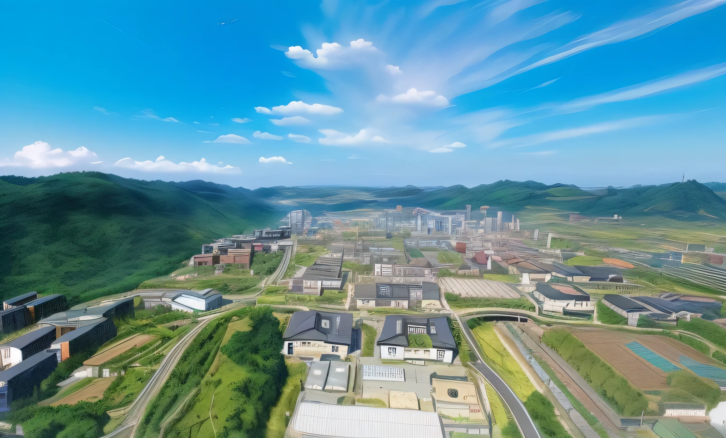 There is a painting of City，City，factory，garden，Mountain，Beautiful oil painting matte painting，Hyper-realistic clouds，WLOP and cheap，cheapS!!!,cheap！，studio ghibli sky，realistic scenery，cheapS and Thomas Kincaid，surreal landscape，View of Ghibli Studio，huge cloud，anime rural scenery，cheapS