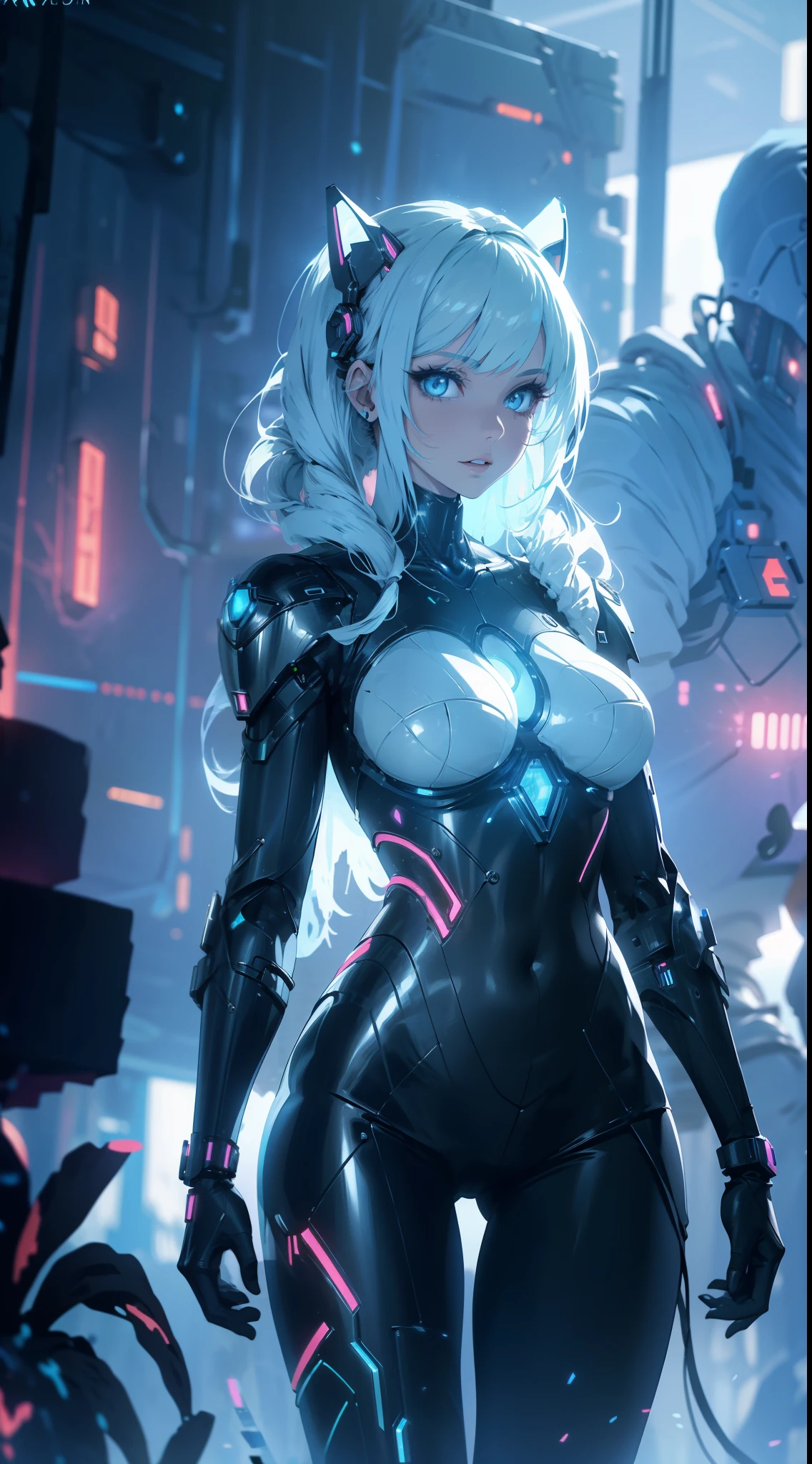 Arafed Woman in futuristic costume posing for photo, in futuristic white armor, cat ears, bright light, Girl in Mecha Cyber Armor, unreal engine rendering + a goddess, Cyborg porcelain armor, Shiny White Armor, gynoid cyborg body, Beautiful and attractive cyborg woman, diverse cybersuits, Beautiful cyborg woman, beutiful white girl cyborg, With futuristic armor, The Perfect Cyborg Woman