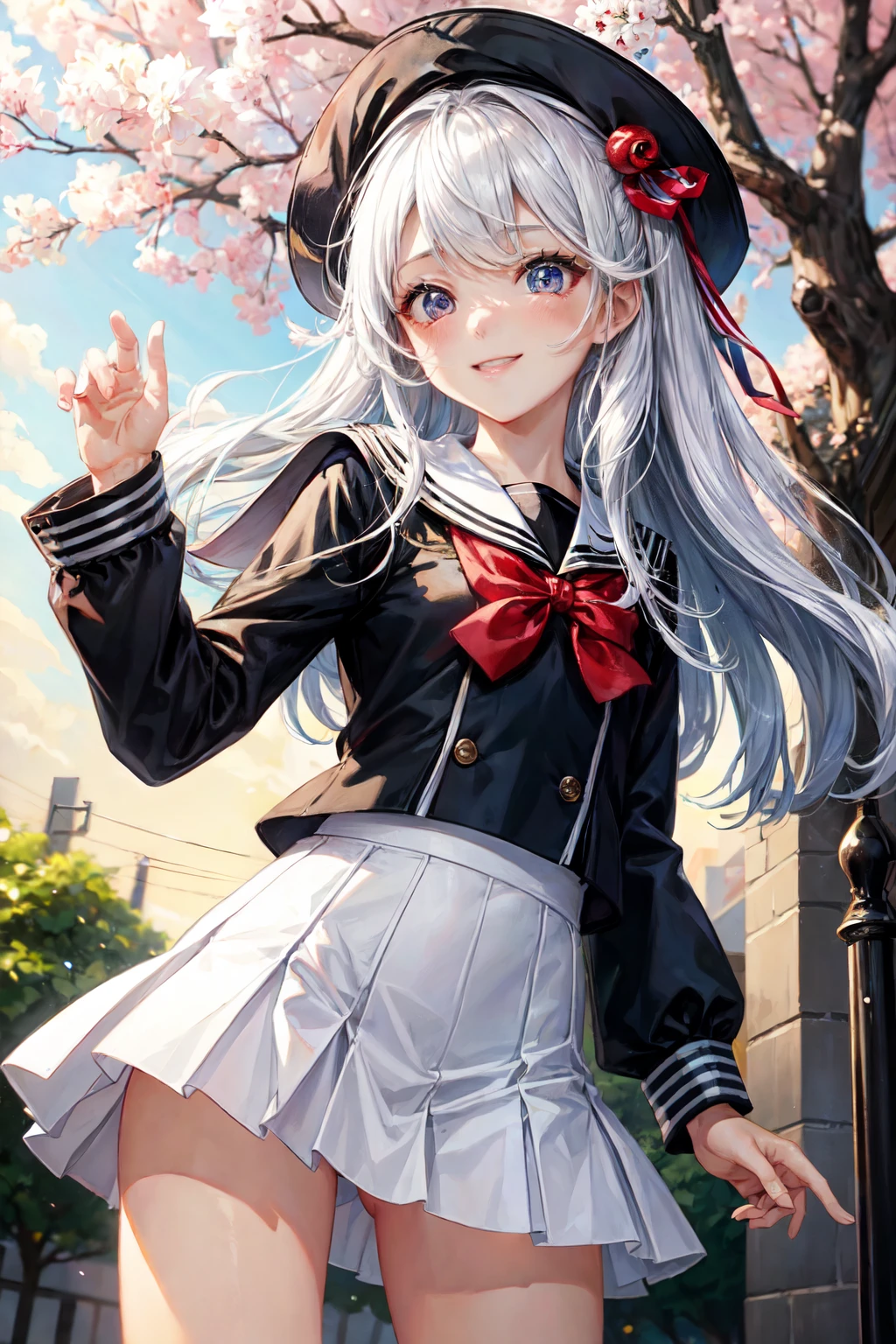 highest quality、cinematic lighting、street tree、Cherry tree、high school girl、black sailor suit、smile、raise one hand、(Photo 1 seen from below:1)、white panties、embarrassing、
