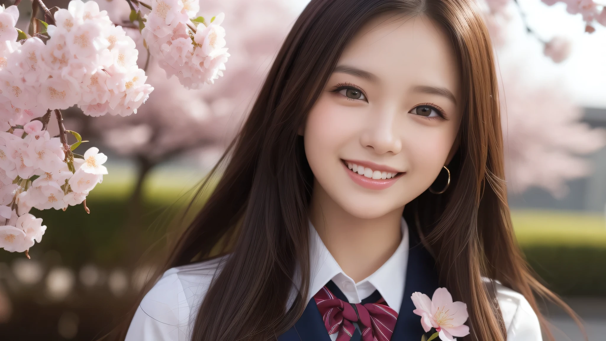 1girl, (Best Quality:1.4), (Ultra-detailed), (extremely detailed beautiful face), Amazing face and eyes, (long hair), cute smile, brown eyes, (highly detailed Beautiful face), (high school uniform:1.2), (extremely detailed CG unified 8k wallpaper), Highly detailed, High-definition raw color photos, Professional Photography, Realistic portrait, evening, Extremely high resolution, smiling, cherry blossoms,