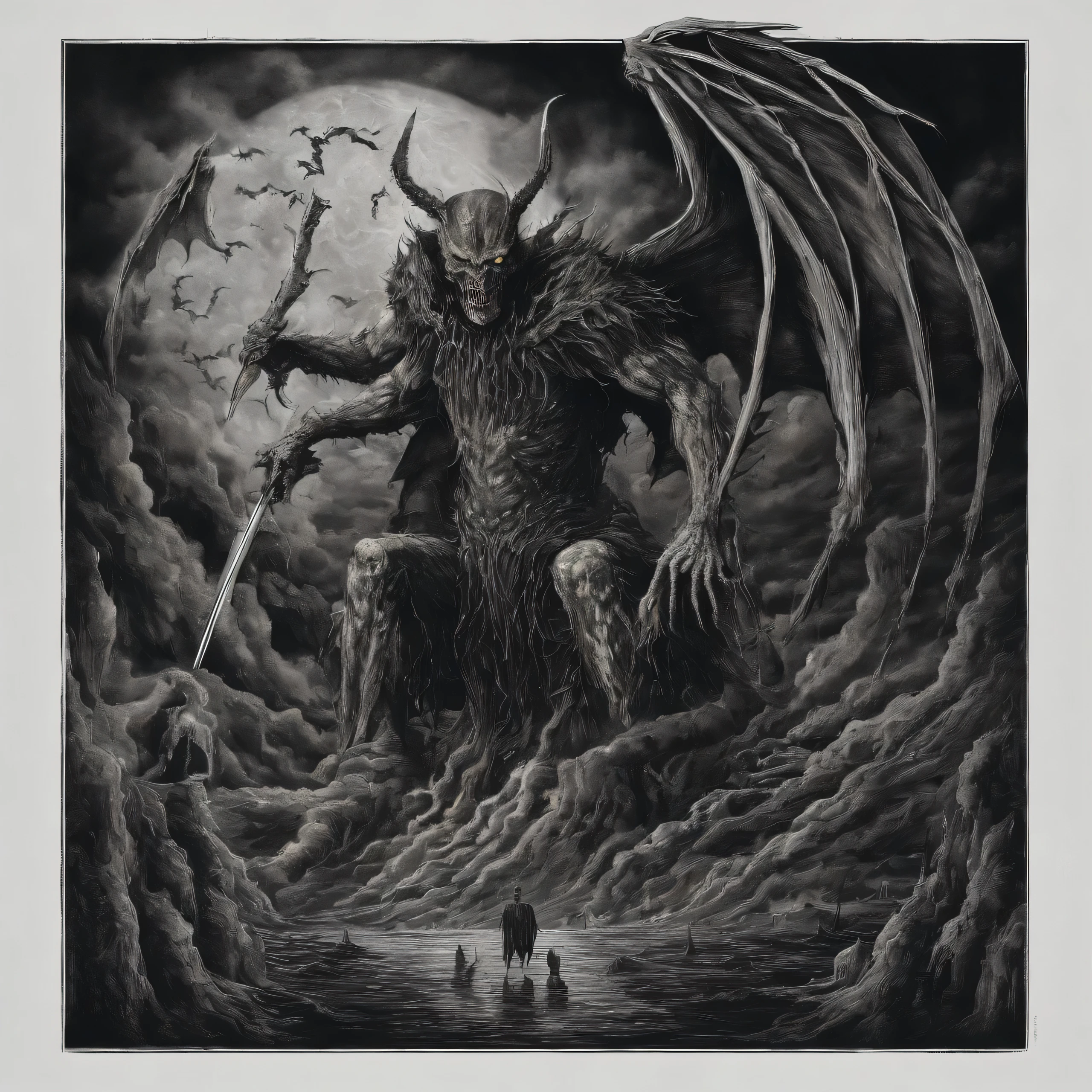 Flying devil king with fire wings killing angels in hell