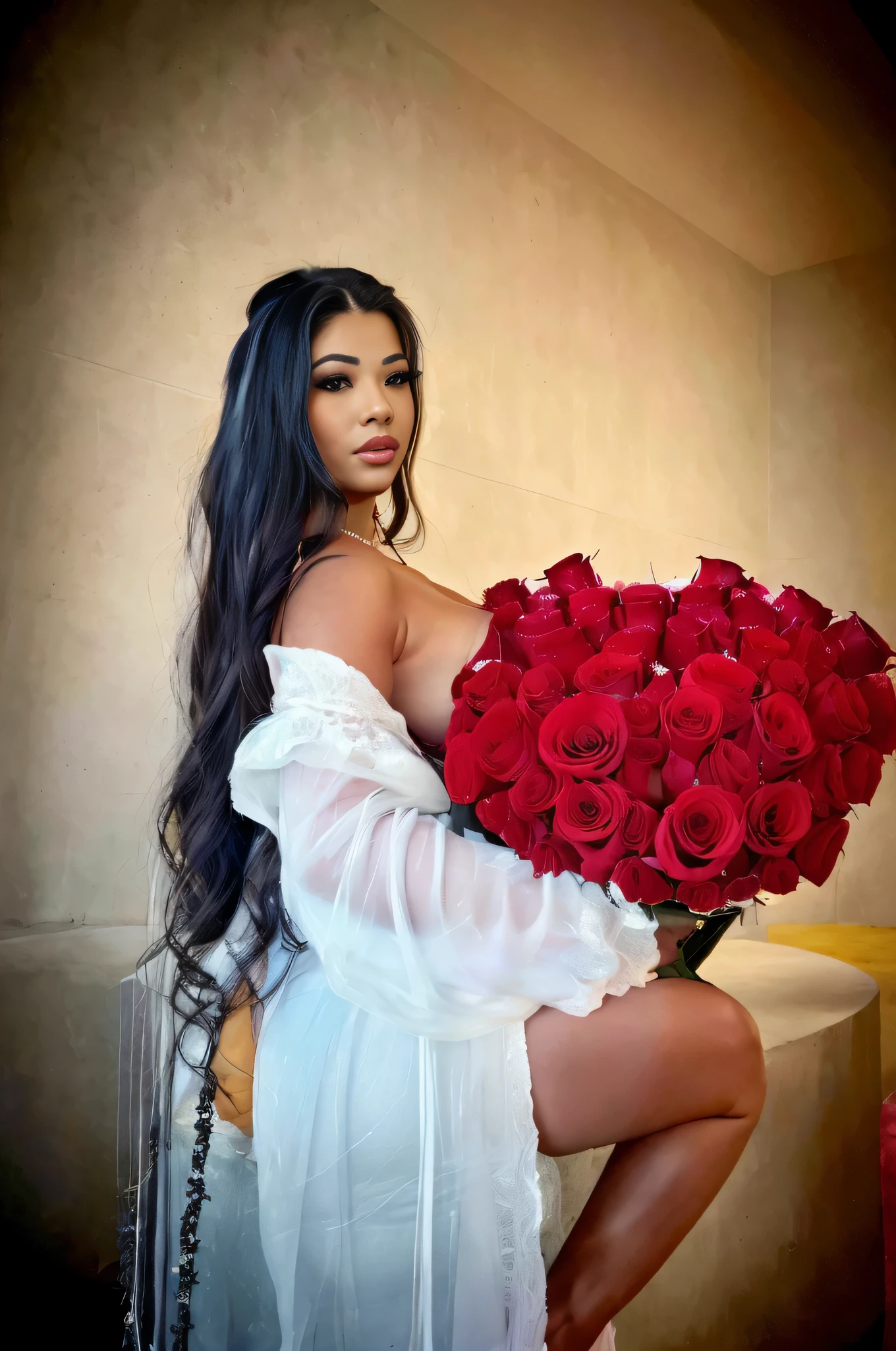 there is a woman holding a large bouquet of red roses, with flowers, demi rose, red roses, she is the queen of black roses, rosses, holding flowers, seductive lady, roses, flowers, laying on roses, queen of flowers, red flowers, violet myers, roses in her hair, alanis guillen, red roses at the top