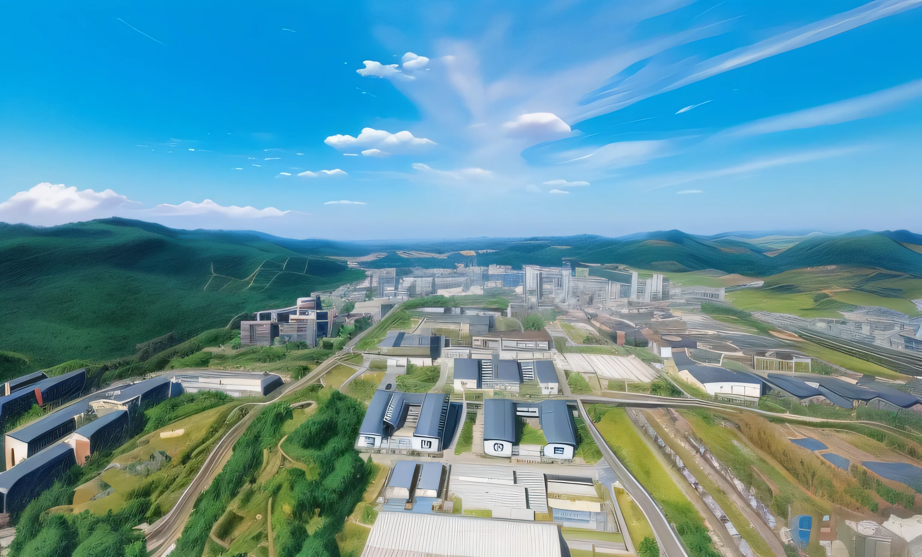 There is a painting of City,City,factory,garden,Mountain,Beautiful oil painting matte painting,Hyper-realistic clouds,WLOP and cheap,cheapS!!!,cheap!,studio ghibli sky,realistic scenery,cheapS and Thomas Kincaid,surreal landscape,View of Ghibli Studio,huge cloud,anime rural scenery,cheapS
