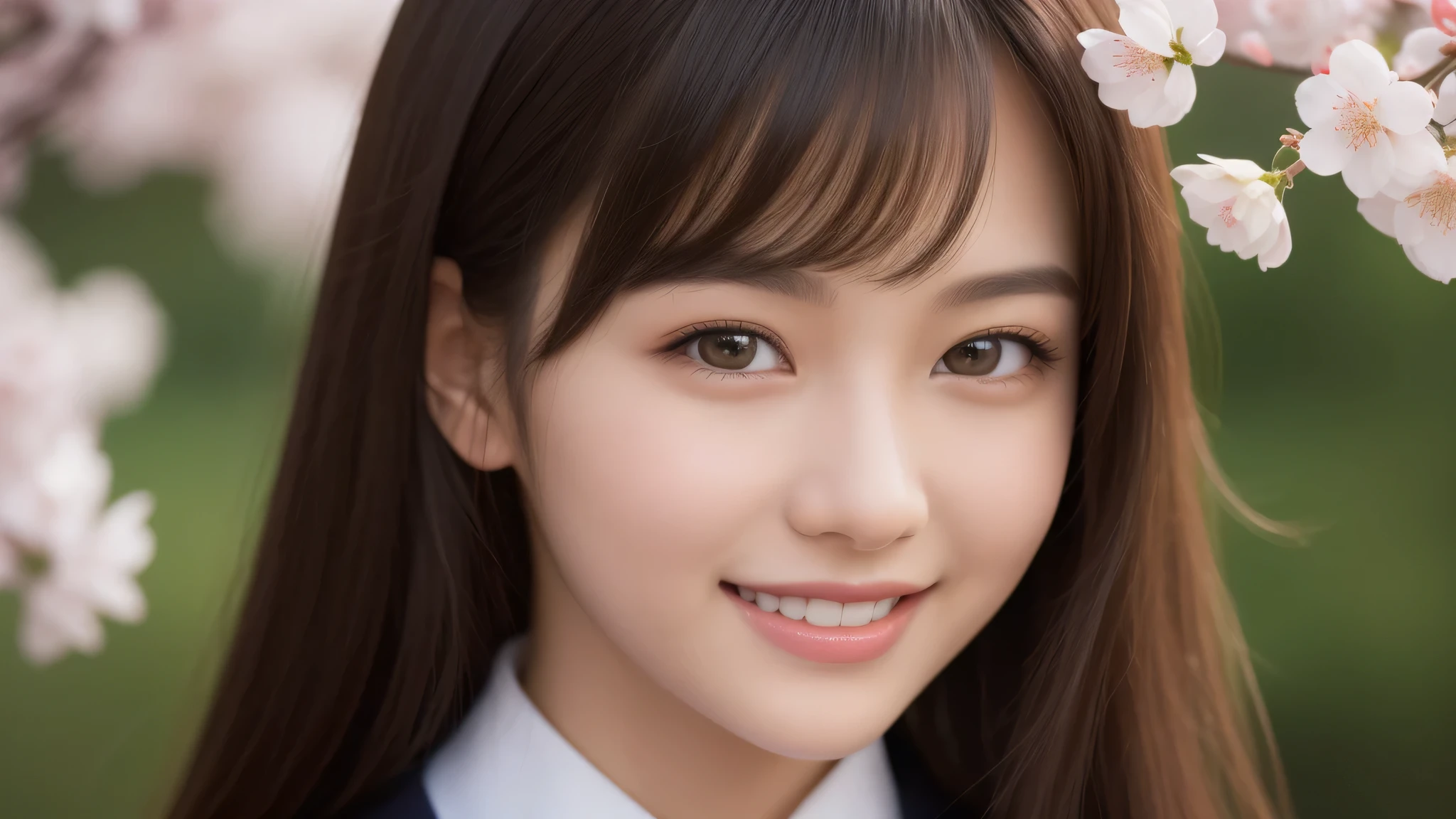 1girl, (Best Quality:1.4), (Ultra-detailed), (extremely detailed beautiful face), Amazing face and eyes, (long hair), cute smile, brown eyes, (highly detailed Beautiful face), (high school uniform:1.2), (extremely detailed CG unified 8k wallpaper), Highly detailed, High-definition raw color photos, Professional Photography, Realistic portrait, evening, Extremely high resolution, smiling, cherry blossoms,