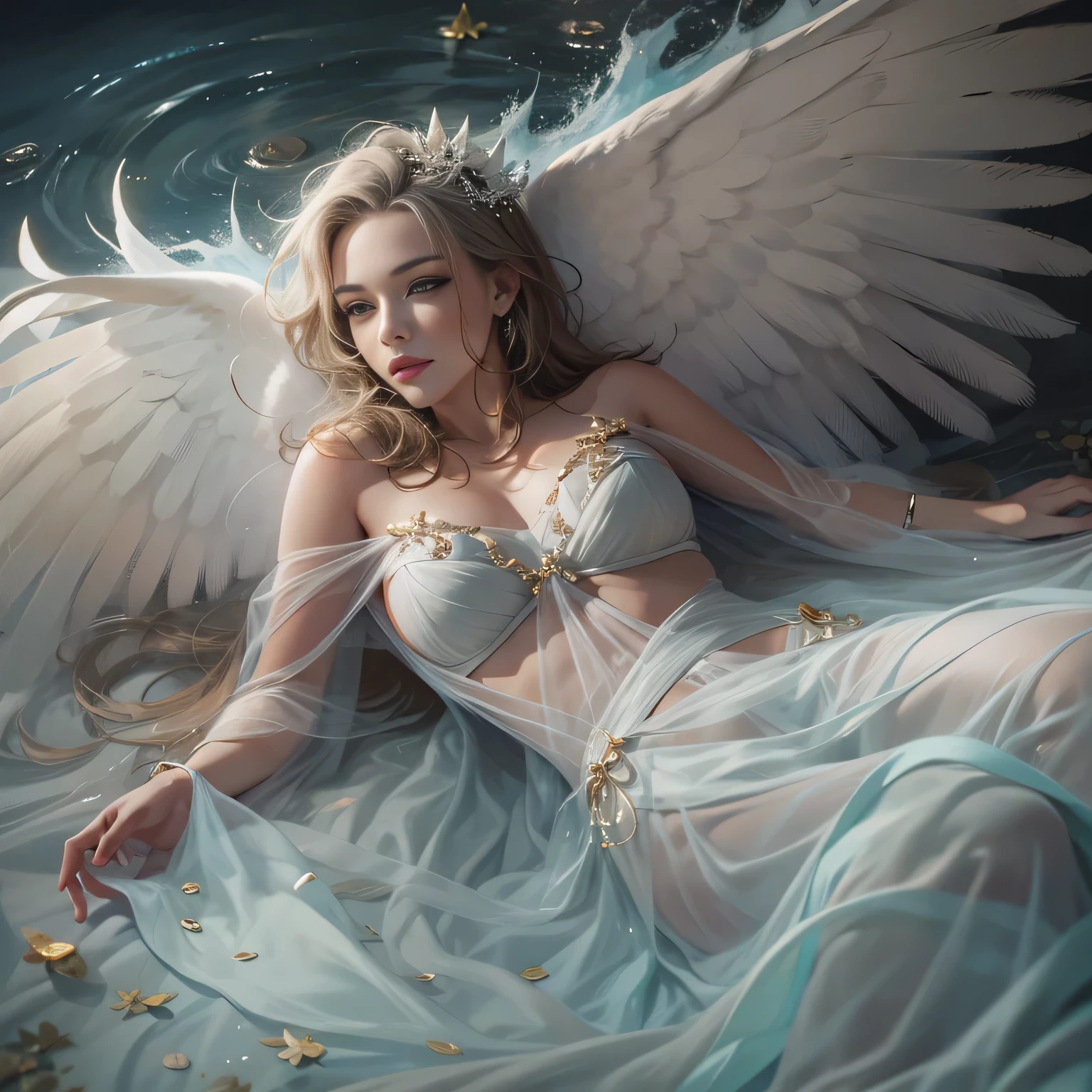 1 Girl,solo, Teenage, white dress, pairs of bird wings on head, Gold necklace, Cloudy background, Colorful clouds, Full body, Floating in the sky, looking looking at viewer,
((巨作)), ((Best quality)), ((highly-detailing)), (Detailed face), (offcial art), blonde long hair, extremely detailed face, extremely detailed eyes, 8k, skinny girl