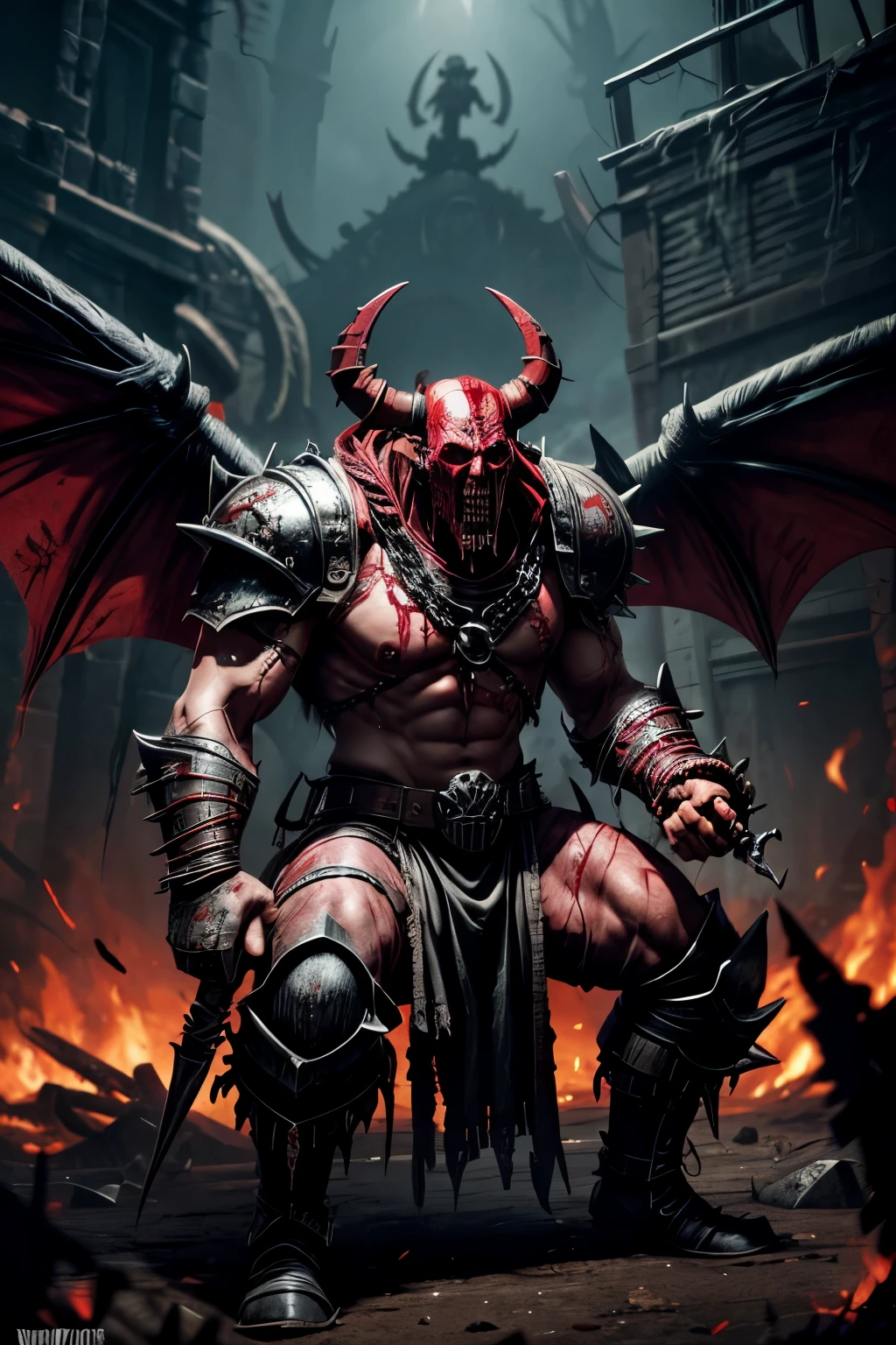 1 male, khorne, Khorne_World, berzerker, red skin, blood on clothes, blood on face, fangs, drool, stout limbs, demon wings, flying, devil, skulls, chains, spikes, skull pauldron, torn clothes, brass armor, chaos, warhammer fantasy art