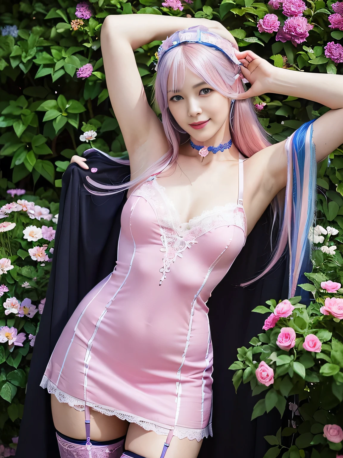 (realistic,masterpiece, highest quality: 1.4),(woman,smile(pink hair,Blue streaked hair,perm hair)),((Show your armpits)open your legs)(mini dress,lace underwear,Lace embroidery,headdress,choker,gloves up to the elbow,garter stockings,cloak,black tone),(garden,colorful flowers)