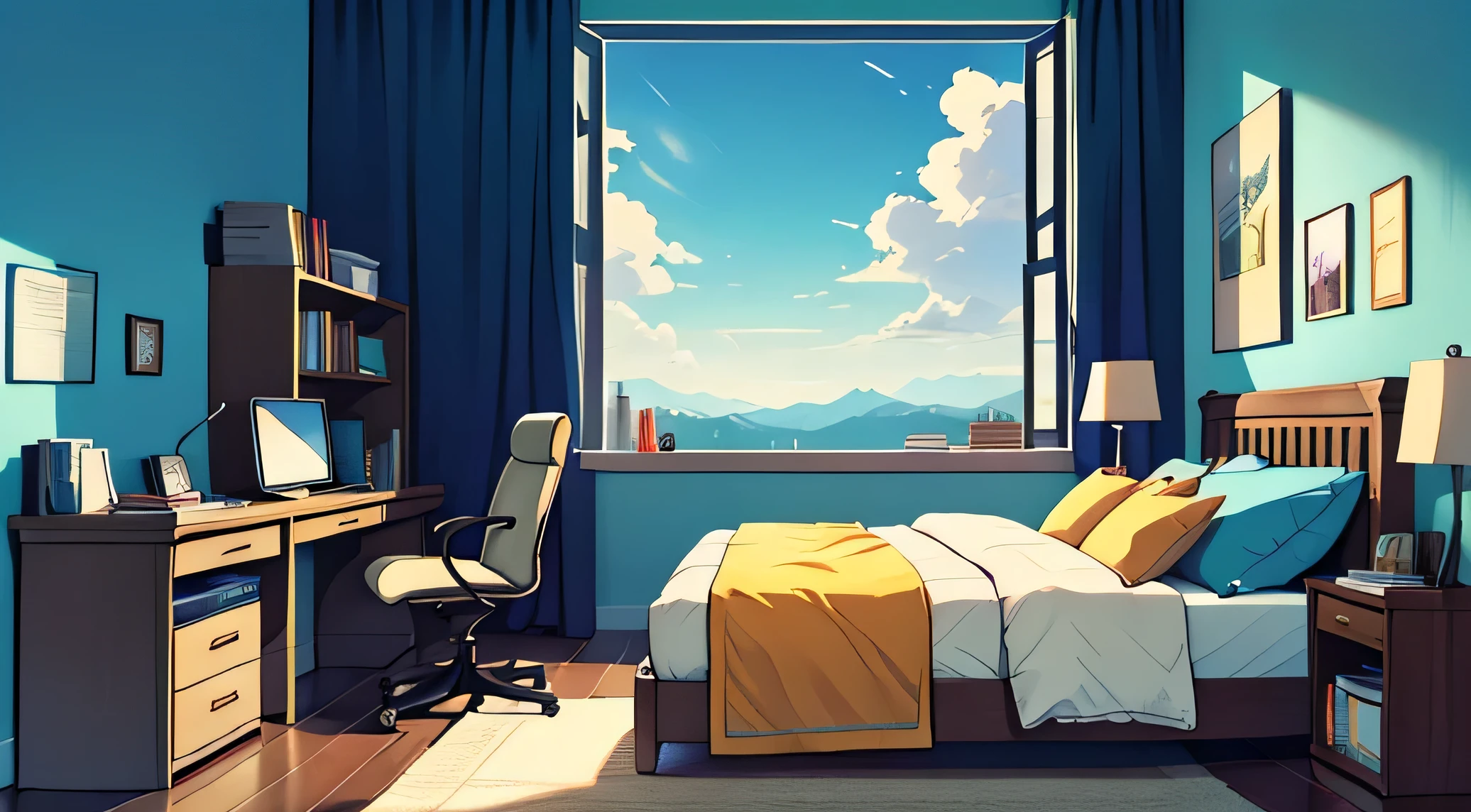 A teenager's room with computer, bed, books and a jenela with blue sky and sun looking to mirror