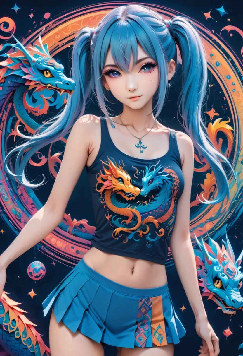 (best quality,4k,8k,highres,masterpiece:1.2),ultra-detailed,(anime style),aisha hanabi,blue hair,side pigtails,mole under eye,flat chested,mystical background,cute chinese dragon,neon lights art,zentangle and origami style background,colorful,tank top,mini skirt, vibrant colors, dark tones, power in hands, action, 