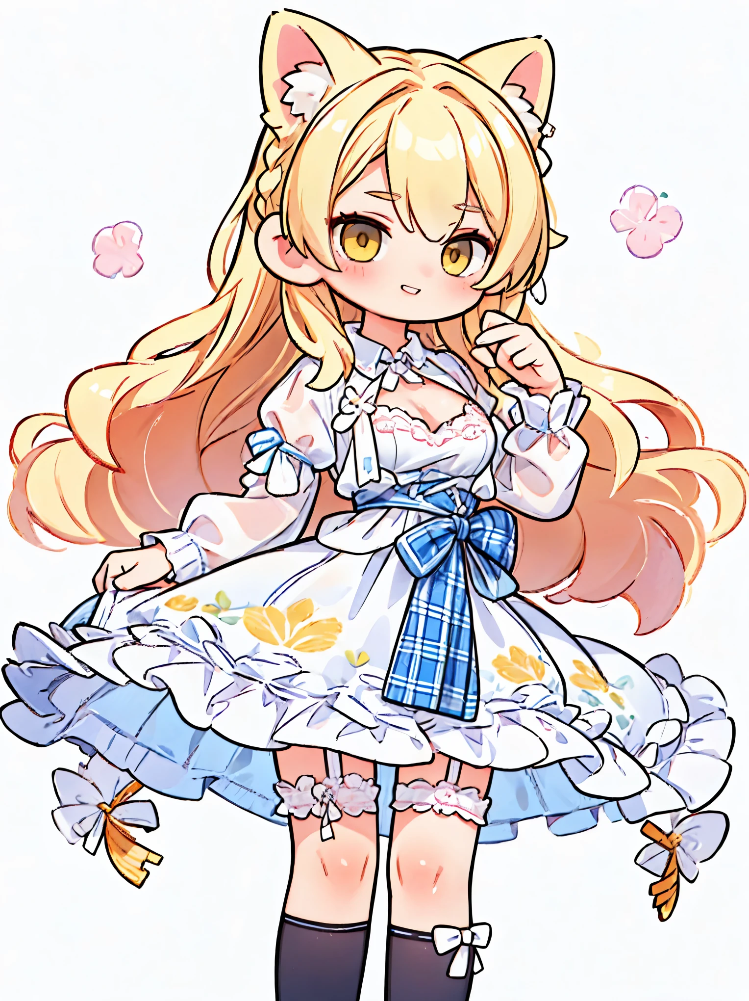 Catgirl, blonde hair, braid, detailed face, long legs, blonde ears, cleavage, Yellow eyes, expressive eyes, toothy smile, ((blonde ears)),
BREAK,
Pleated plaid skirt in soft pastel hues, paired with a fitted white blouse, tied at the waist to accentuate curves, exuding innocent charm, Sheer white stockings:1.8, adorned with delicate lace trim and held up by a satin garter belt, add a touch of sophistication to the ensemble. Finished with white Mary Jane heels, the outfit is both sweet and seductive, perfect for catching the eye of admirers,
BREAK,
blank white background scenario,