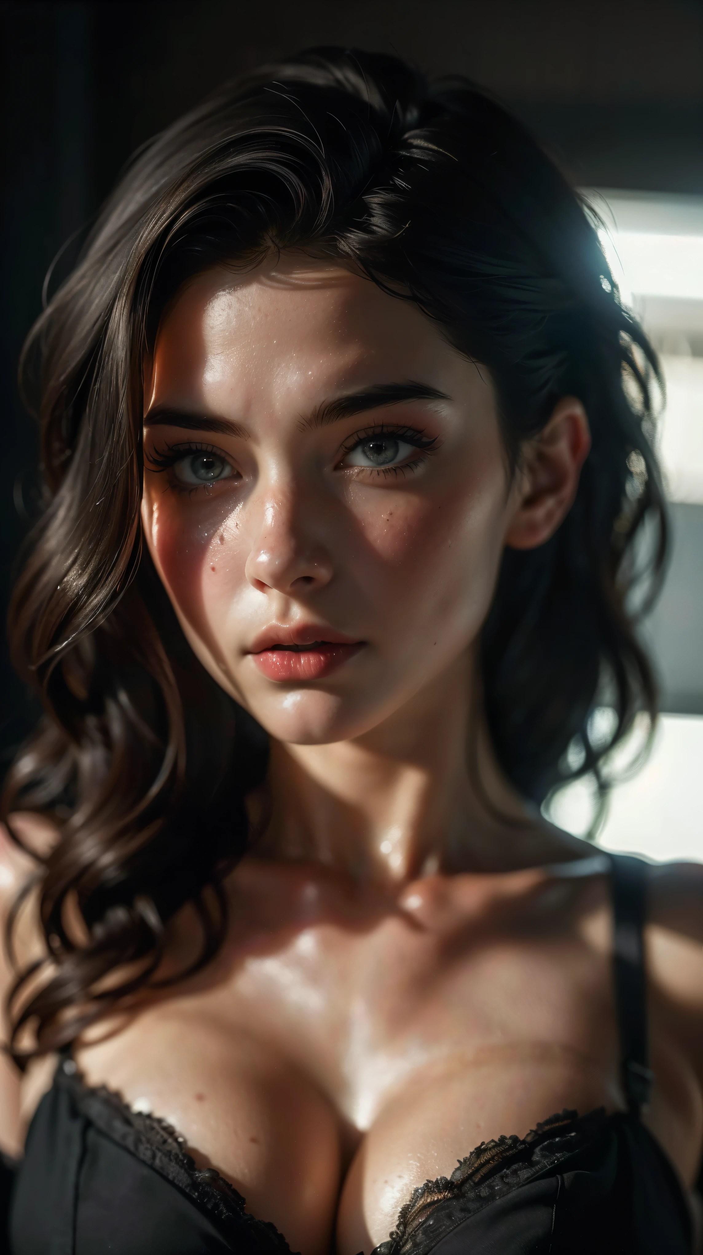 (((ultra realistic))) photo, chef-d&#39;artwork, superior quality, (pale skin), (Visage et yeux Ultra detaileds:1.2), sparkling eyes, 1 fille, soutien-gorge rouge, ambiance sombre, fond sombre, (maquillage pour les yeux, mascara) , ((dark wavy hair)) , ((Elegant hairstyle)) , (seins naturels), (A slight smile), ((Posant)), Photo shoot, studio (contour lighting), (The play of light and&#39;ombres), profondeur de champ, Bokeh, (attention particulière aux détails de la peau: 1.2), Detailed leather texture, pores de la peau, ((Dark and Ambiance sombre frame. palette de couleurs - noir, gris, Ashy, Tonnes)), ((grain de film, effet vhs)), ((des rayons)) , ((portrait taille haute, near the camera)) , Ultra detailed, 