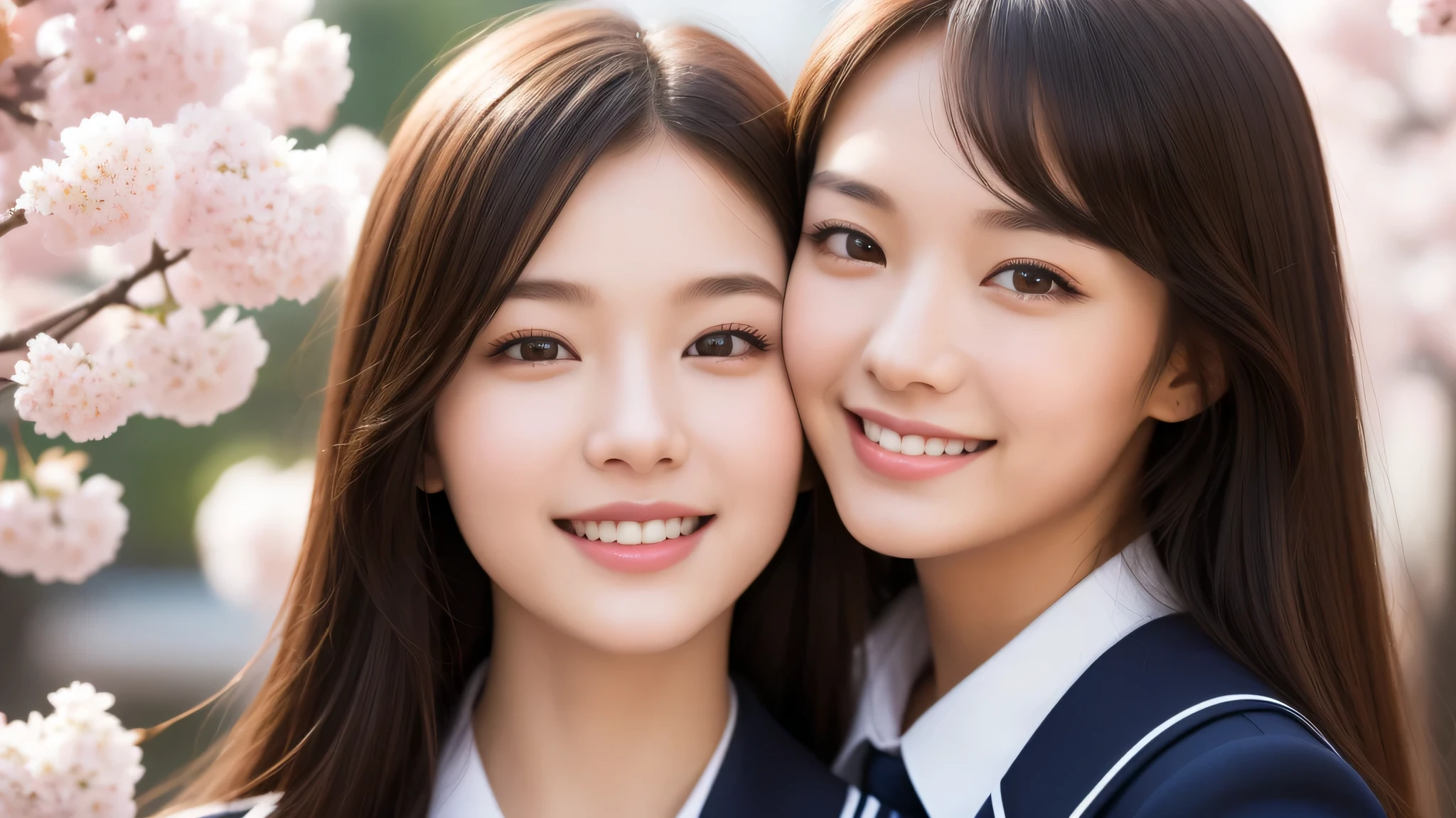 1girl, (Best Quality:1.4), (Ultra-detailed), (extremely detailed beautiful face), Amazing face and eyes, (long hair), cute smile, brown eyes, (highly detailed Beautiful face), (high school uniform:1.2), (extremely detailed CG unified 8k wallpaper), Highly detailed, High-definition raw color photos, Professional Photography, Realistic portrait, evening, Extremely high resolution, smiling, cherry blossoms,
