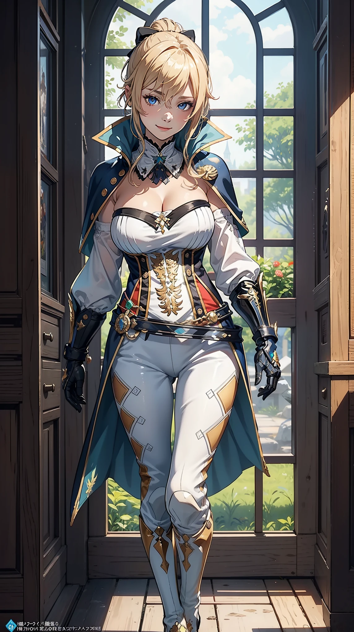 Masterpiece, ultra detail, high quality, 8k cg, gigantic breasts, jeanfavonian, night, blush, smile, bright eyes, standing, (eyes shining:1.5), detailed upper body, crossed arms,