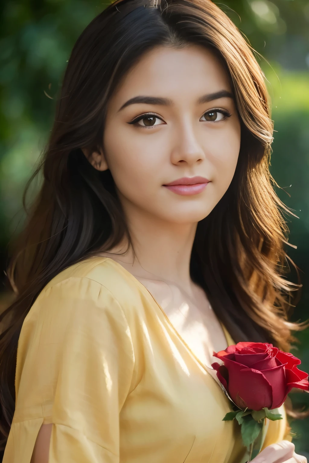 Beautiful ,23 years young Americans girl healthy, confidential looking,8k,realistic, raw photo,dark brown hair, dark skin, indian,long hair,clear facial features,, very detailed, 23years old, innocent face, natural wavy hair, high resolution, masterpiece, best quality, intricate details, highly detailed, sharp focus, detailed skin, realistic skin texture, texture, detailed eyes, professional, 4k, charming smile, shot on Canon, 85mm, shallow depth of field, kodak vision color, perfect fit body, extremely detailed, foto_\(ultra\), photorealistic, realistic, post-processing, maximum detail, roughness, real life, ultra realistic, photorealism, photography, 8k uhd, photography wearing in a yellow dress holding a red rose, actress, with lovely look, traditional beauty, photo taken with nikon d750, photo taken with nikon d 7 5 0, shot with sony alpha 1 camera, mid shot portrait, by Riza Abbasi, portrait shot, wearing a silk kurta, shot with canon eoa 6 d mark ii