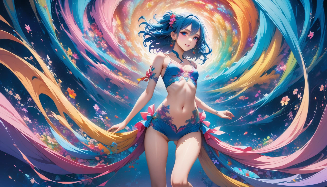 masterpiece, highest quality, highest quality,neon official art, anime style, (Aisha Hanabi), blue hair, mole under eye、very detailed,(fractal art:1.5),(colorful:1.3)(flowers:1.5),most detailed,(tangled:1.2), (dynamic pose), (neon abstract background:1.3), (shiny skin), (lots of colors:1.4), ,(earrings:1.4), neon ,full body、beautiful face、detailed face、perfect proportions、flat chested、thin waist、navel、gap between crotches、thighs、long legs、