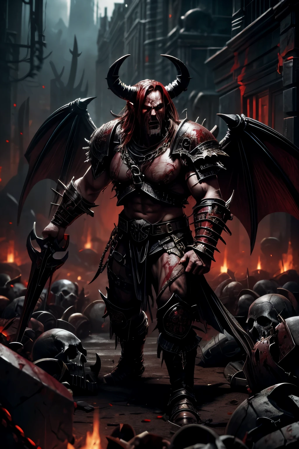 1 male, khorne, Khorne_World, berzerker, red skin, blood on clothes, blood on face, faceless, stout limbs, demon wings, flying, devil, skulls, chains, spikes, skull pauldron, torn clothes, brass armor, chaos, warhammer fantasy art