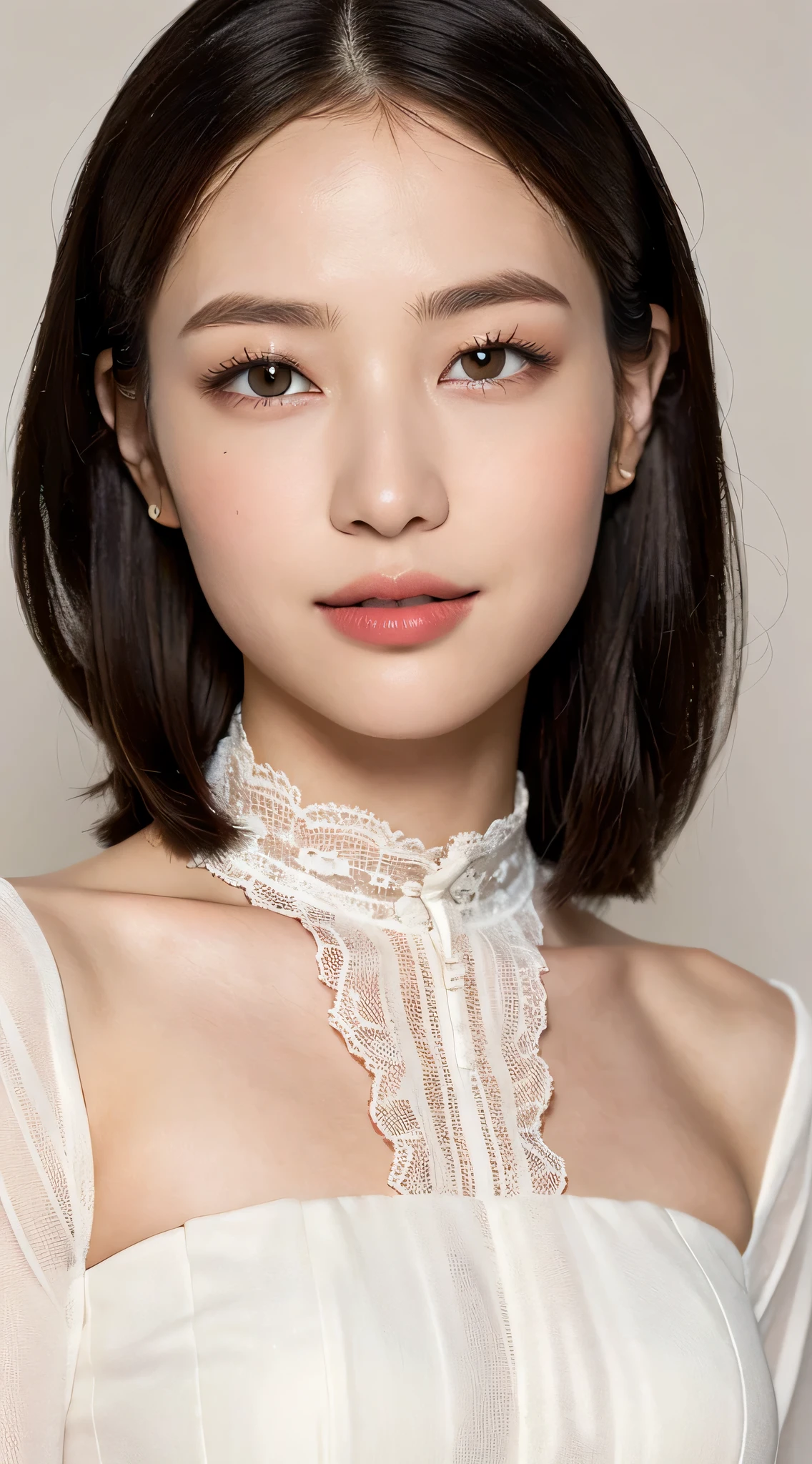 ((Natural night lighting、8K、best quality、masterpiece:1.3))、(real、sharp focus:1.2)、Very delicate and very cute woman:1.4、((1 girl))、(indoor、white background)、perfect style、Super detailed、High resolution、(Lace dress with black sleeves:1.1)、(dark brown hair、medium short、layer cut hair:1.2)、valley、 (huge 、whole body:1.3)、Highly detailed face and skin texture、highly detailed lip texture、red lips、detailed and beautiful eyes、smile、glossy lips、eye make up、Angle from the front、angle from head to knees、Are standing、Extra-fine face、Ultra Fine Lip、extra fine eyes、double eyelid、Super detailed