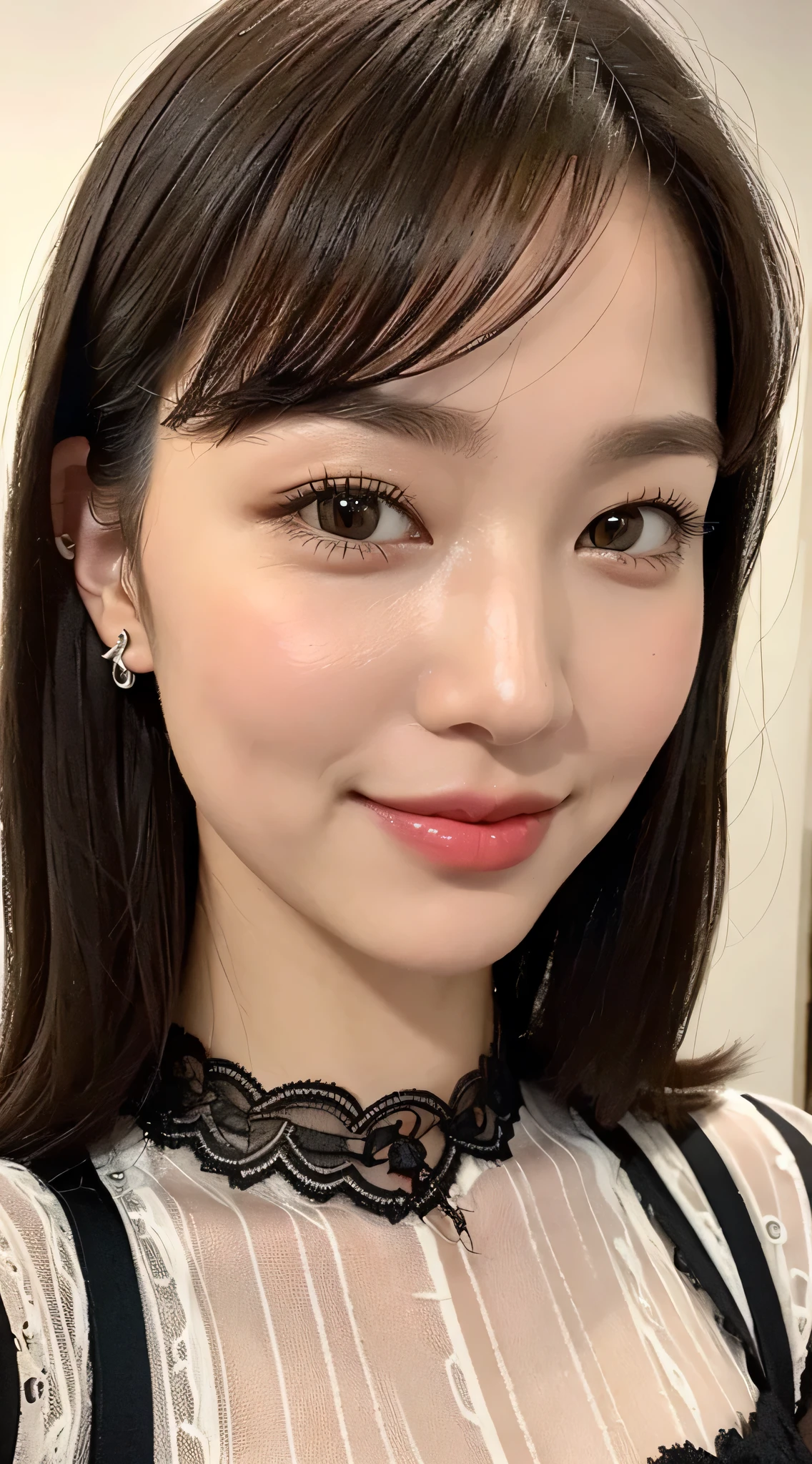 ((Natural night lighting、8K、best quality、masterpiece:1.3))、(real、sharp focus:1.2)、Very delicate and very cute woman:1.4、((1 girl))、(indoor、white background)、perfect style、Super detailed、High resolution、(Lace dress with black sleeves:1.1)、(dark brown hair、medium short、layer cut hair:1.2)、valley、 (huge 、whole body:1.3)、Highly detailed face and skin texture、highly detailed lip texture、red lips、detailed and beautiful eyes、smile、glossy lips、eye make up、Angle from the front、angle from head to knees、Are standing、Extra-fine face、Ultra Fine Lip、extra fine eyes、double eyelid、Super detailed